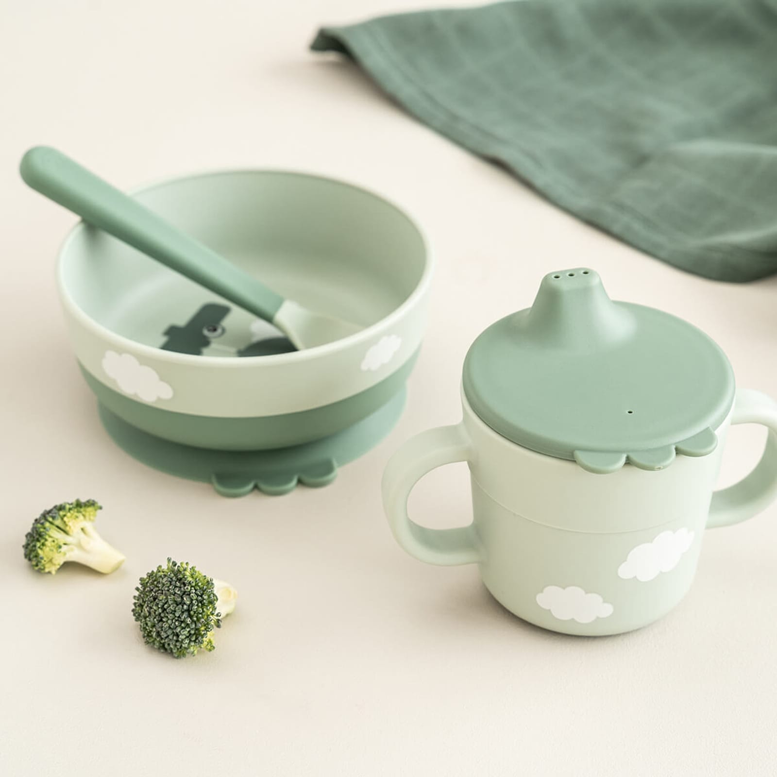 First Meal 3 Piece Set - Happy Clouds Green