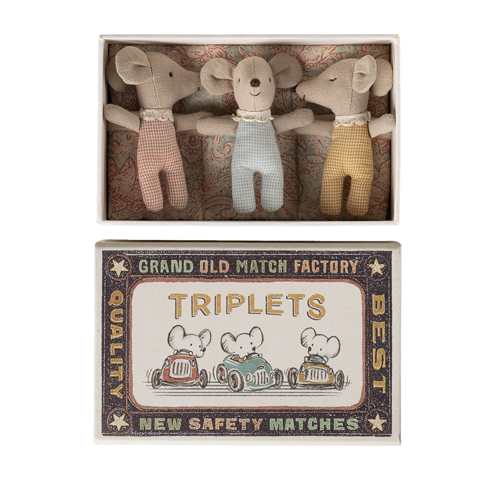 Three stuffed mouse toys in a decorative matchbox with 'Grand Old Match Factory' branding.