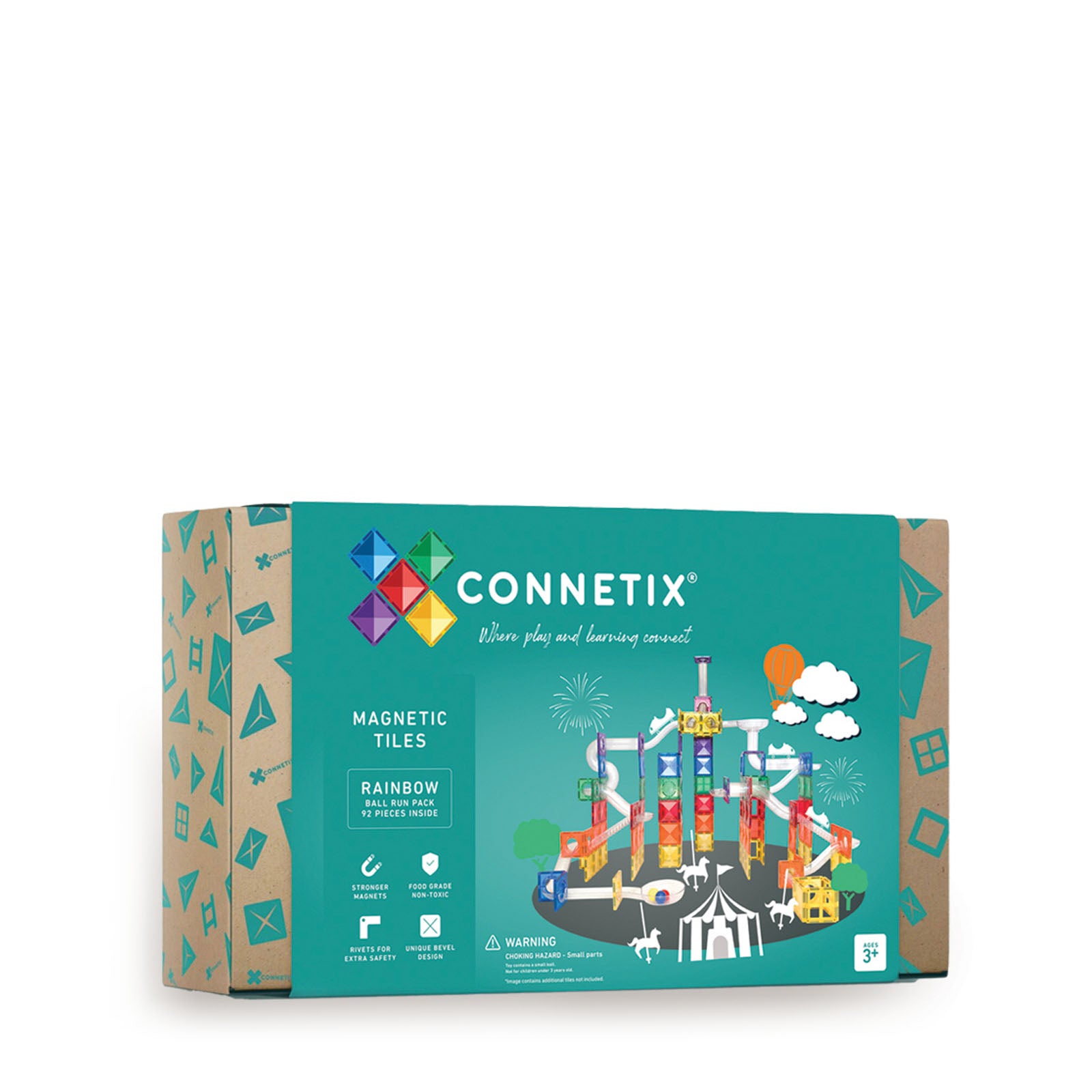 Packaging for Connetix magnetic tiles featuring a colorful graphical representation of the product with various magnetic tiles and a rainbow ball run structure.