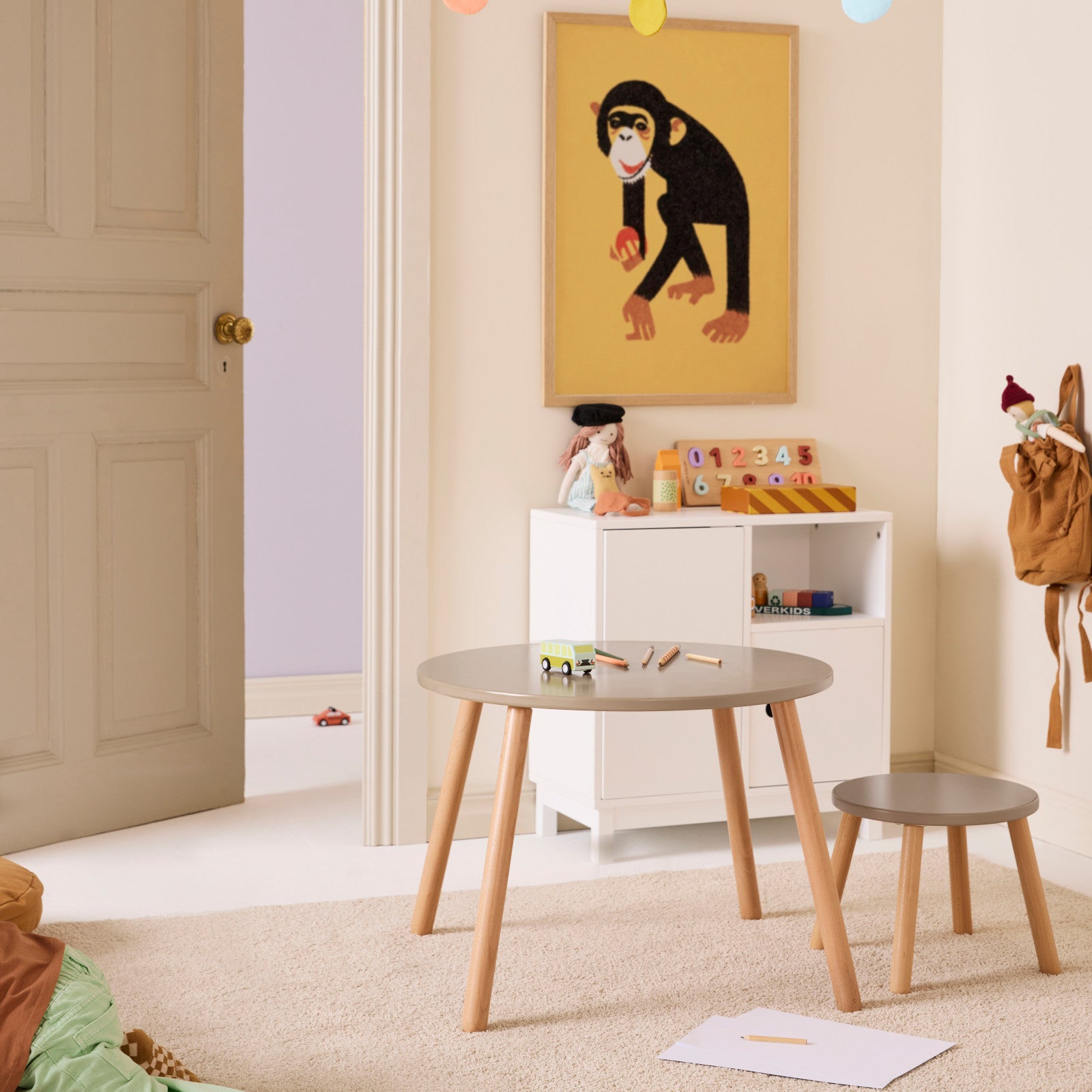 Stool And Table Set - Light Brown