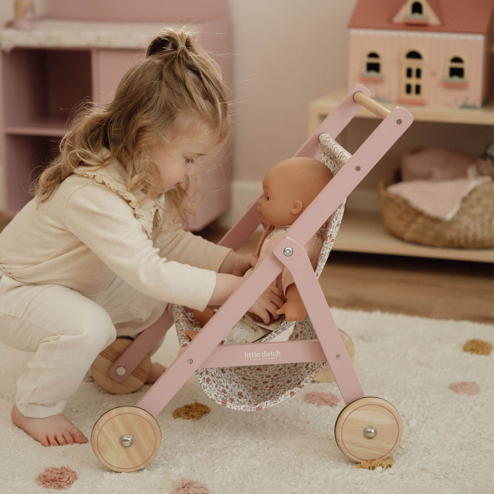Wooden Doll Stroller Flowers and Butterflies