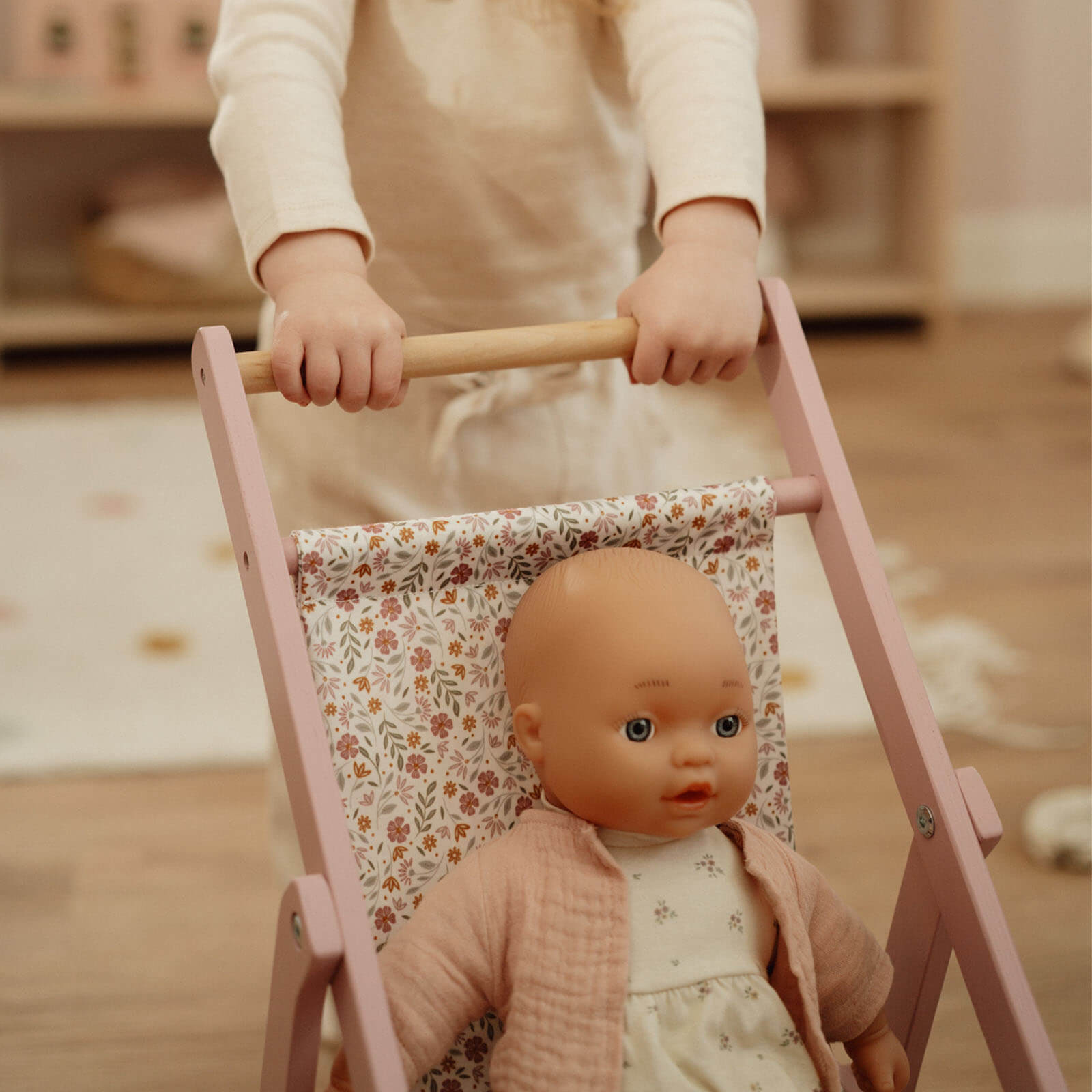 Wooden Doll Stroller Flowers and Butterflies
