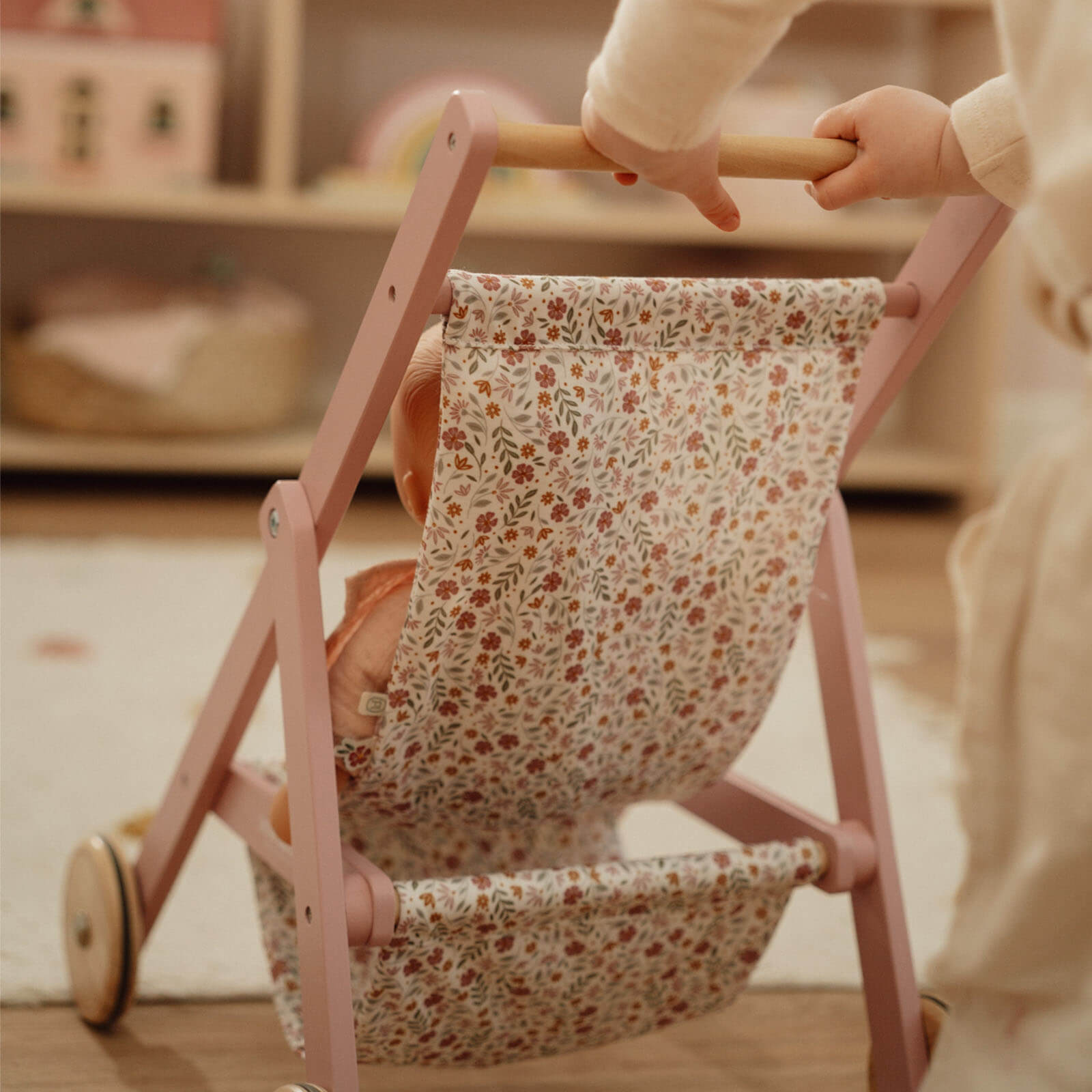 Wooden Doll Stroller Flowers and Butterflies