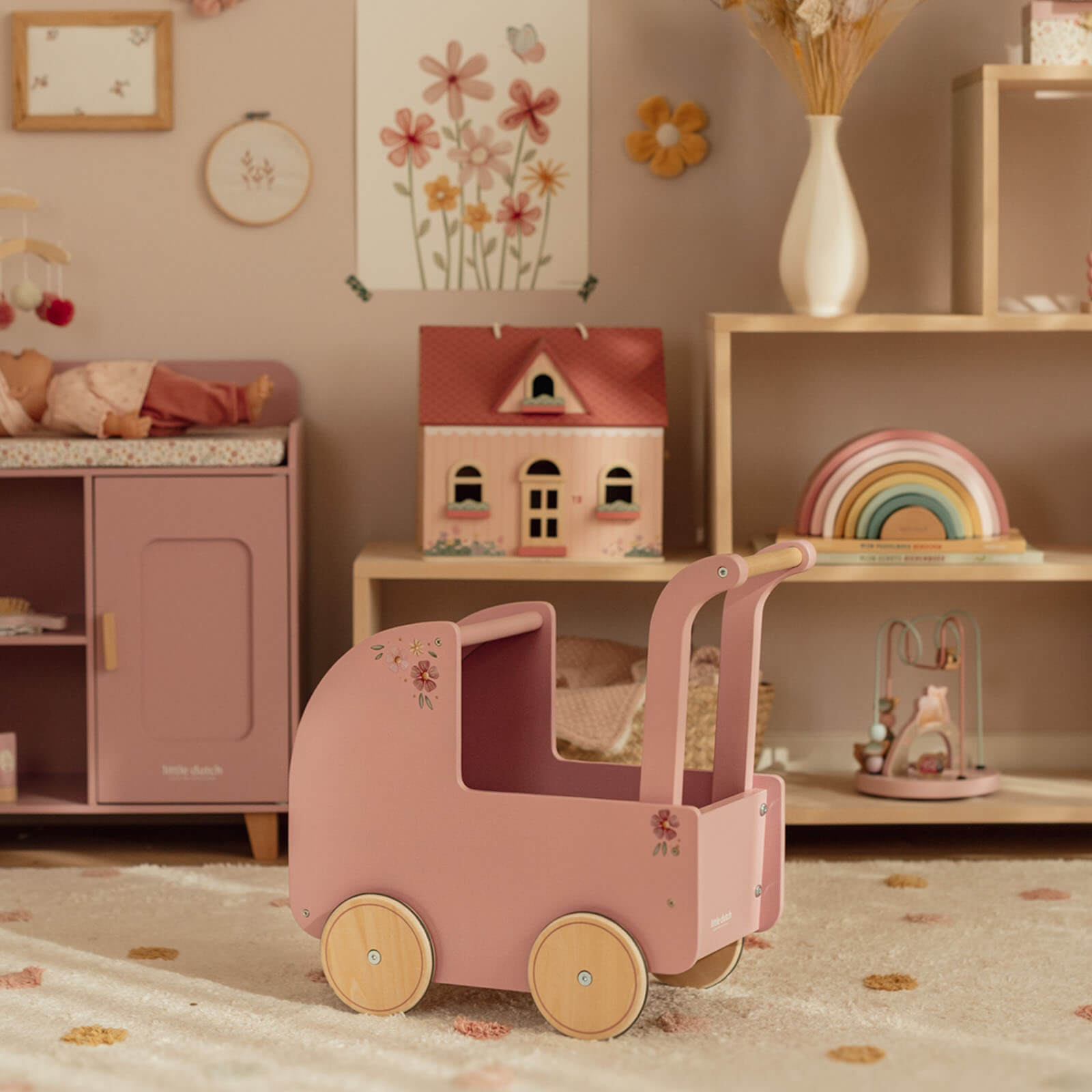 Wooden Doll Pram and Bedding - Pink Flowers