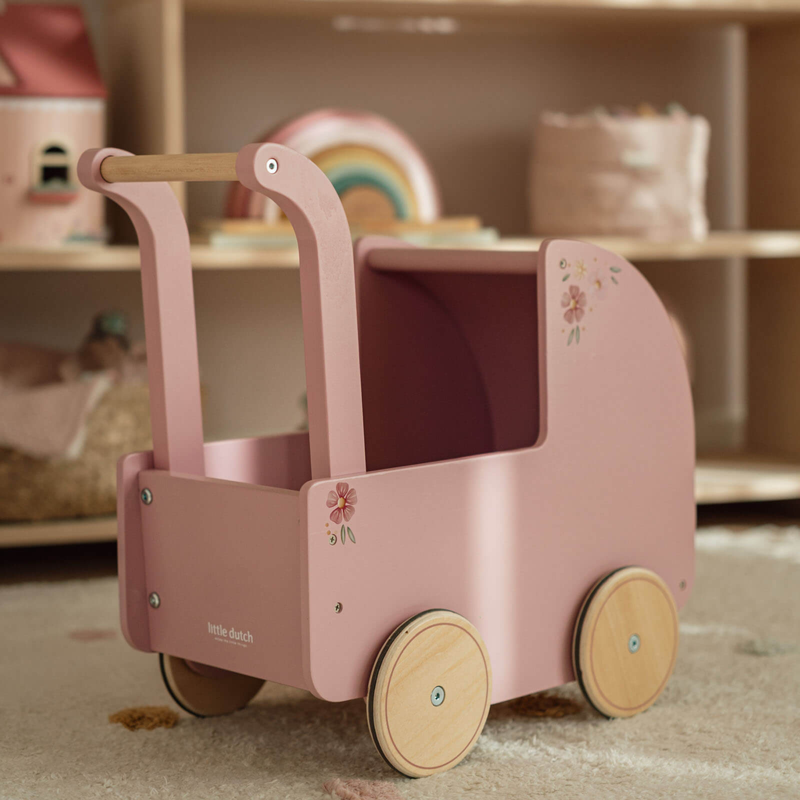 Wooden Doll Pram and Bedding - Pink Flowers