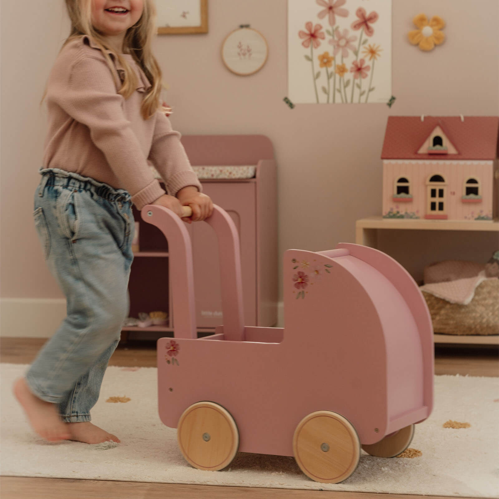 Wooden Doll Pram and Bedding - Pink Flowers