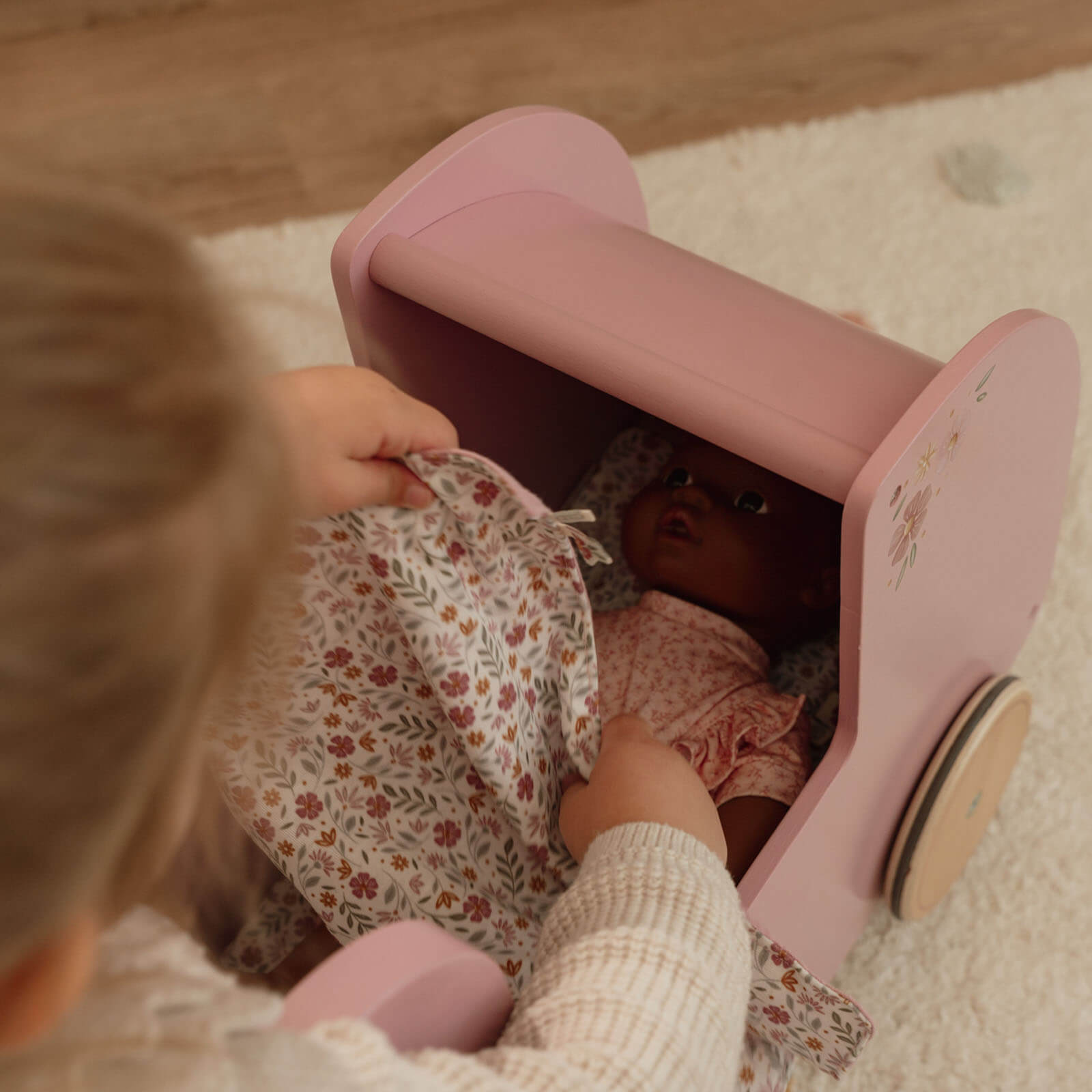 Wooden Doll Pram and Bedding - Pink Flowers