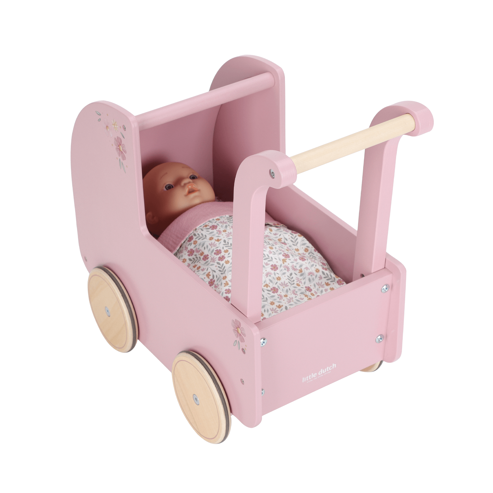 Wooden Doll Pram and Bedding - Pink Flowers