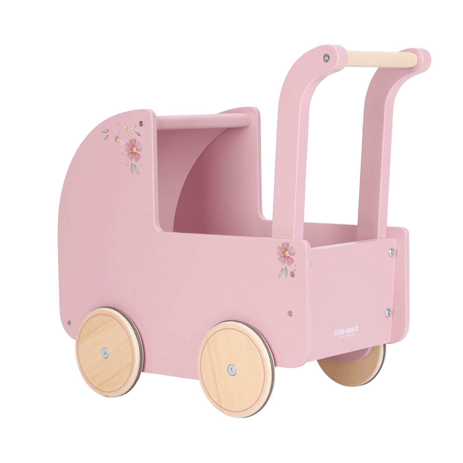 Wooden Doll Pram and Bedding - Pink Flowers