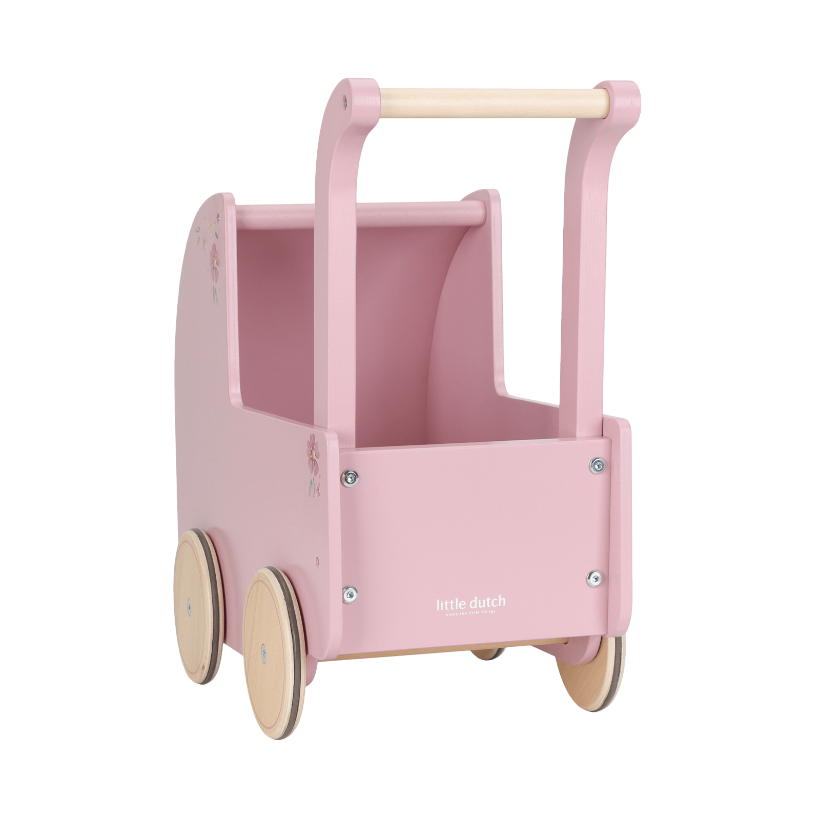 Wooden Doll Pram and Bedding - Pink Flowers