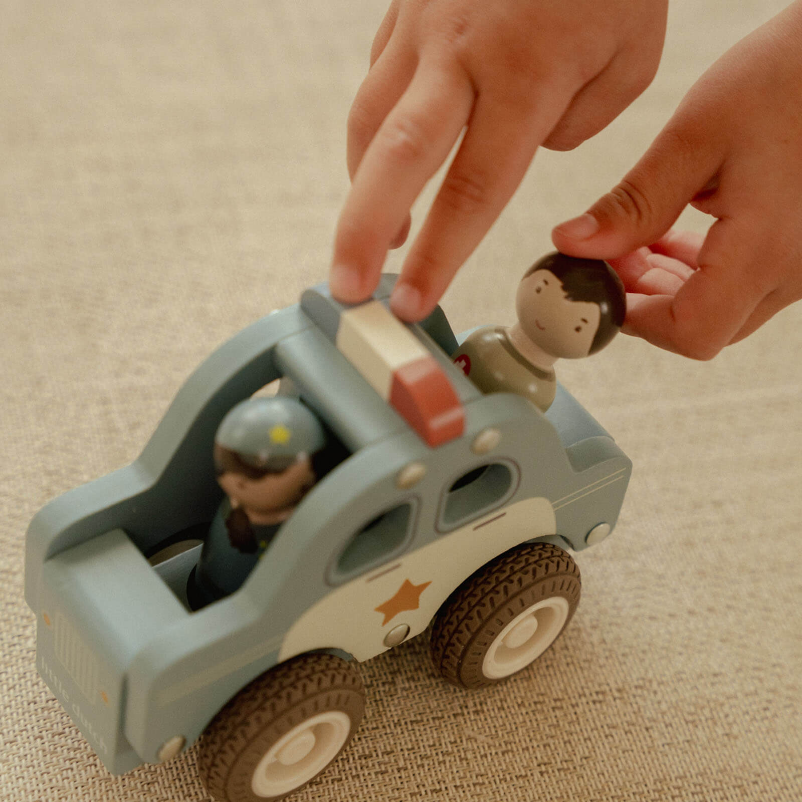 Wooden Police Car and Peg Doll