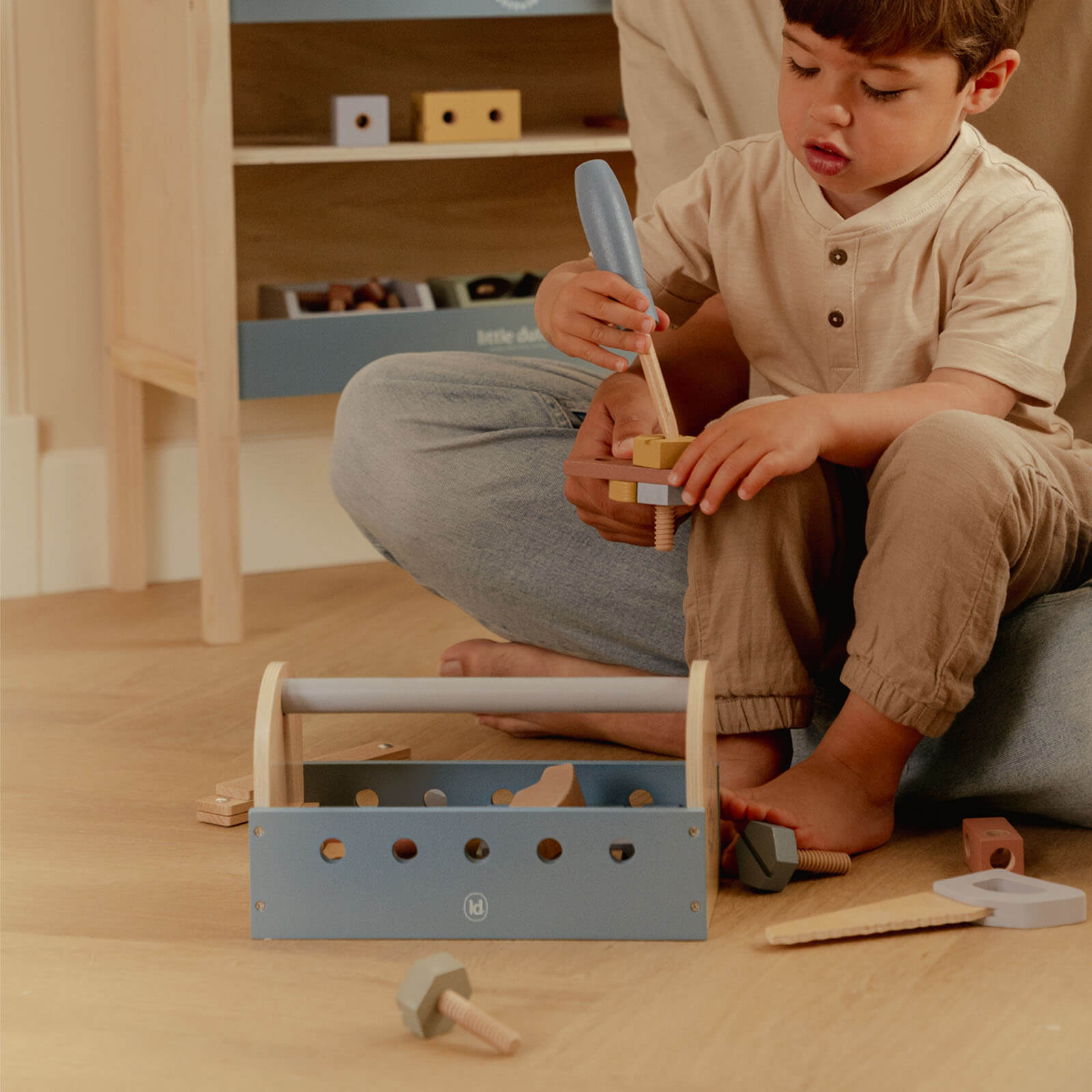 Wooden Blue Toolbox and Accessories