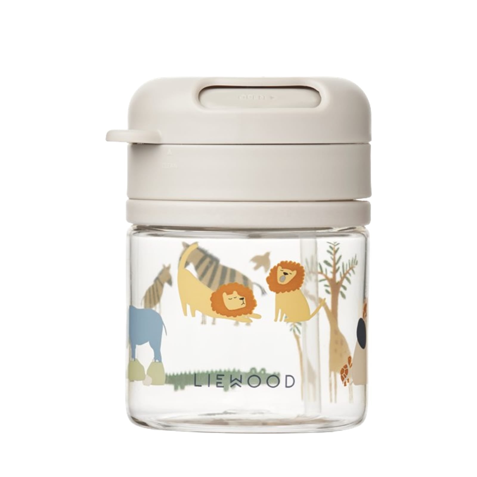 A clear plastic straw cup with a beige lid and illustrations of animals and children on the side, branded with 'LIEWOOD'.