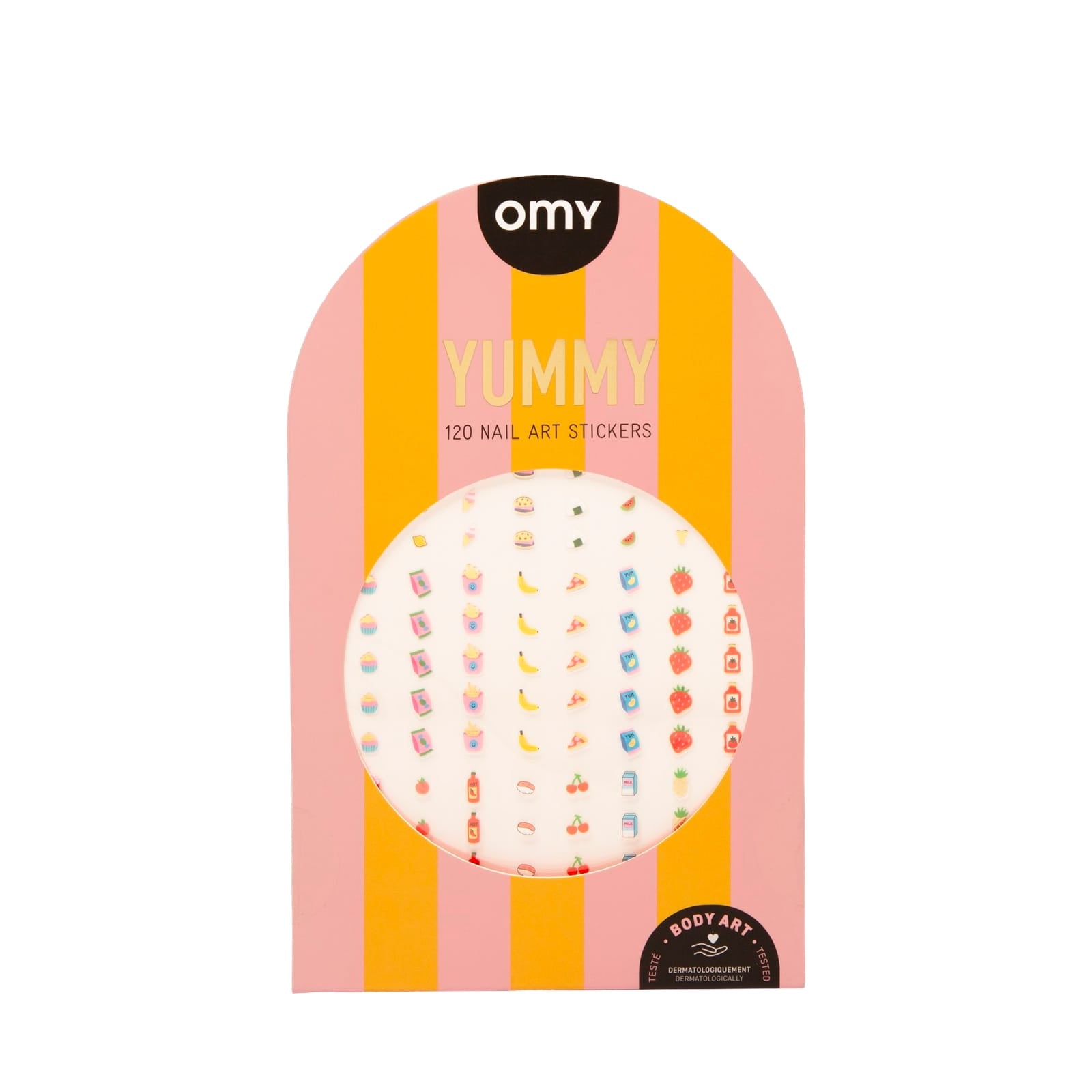 Packaging of OMY Yummy nail art stickers with colorful design on a white background