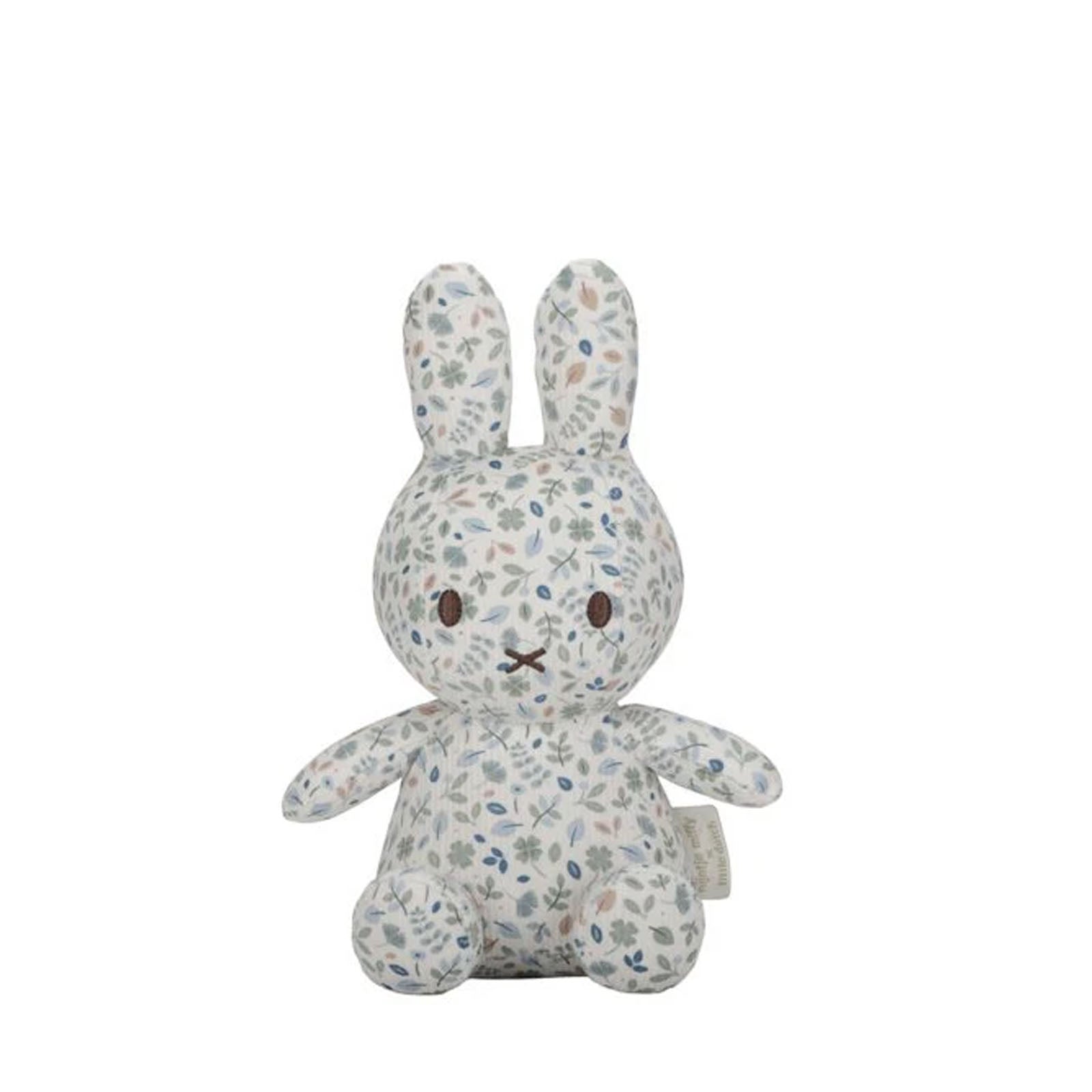 A plush toy resembling a bunny with a floral pattern, sitting upright.