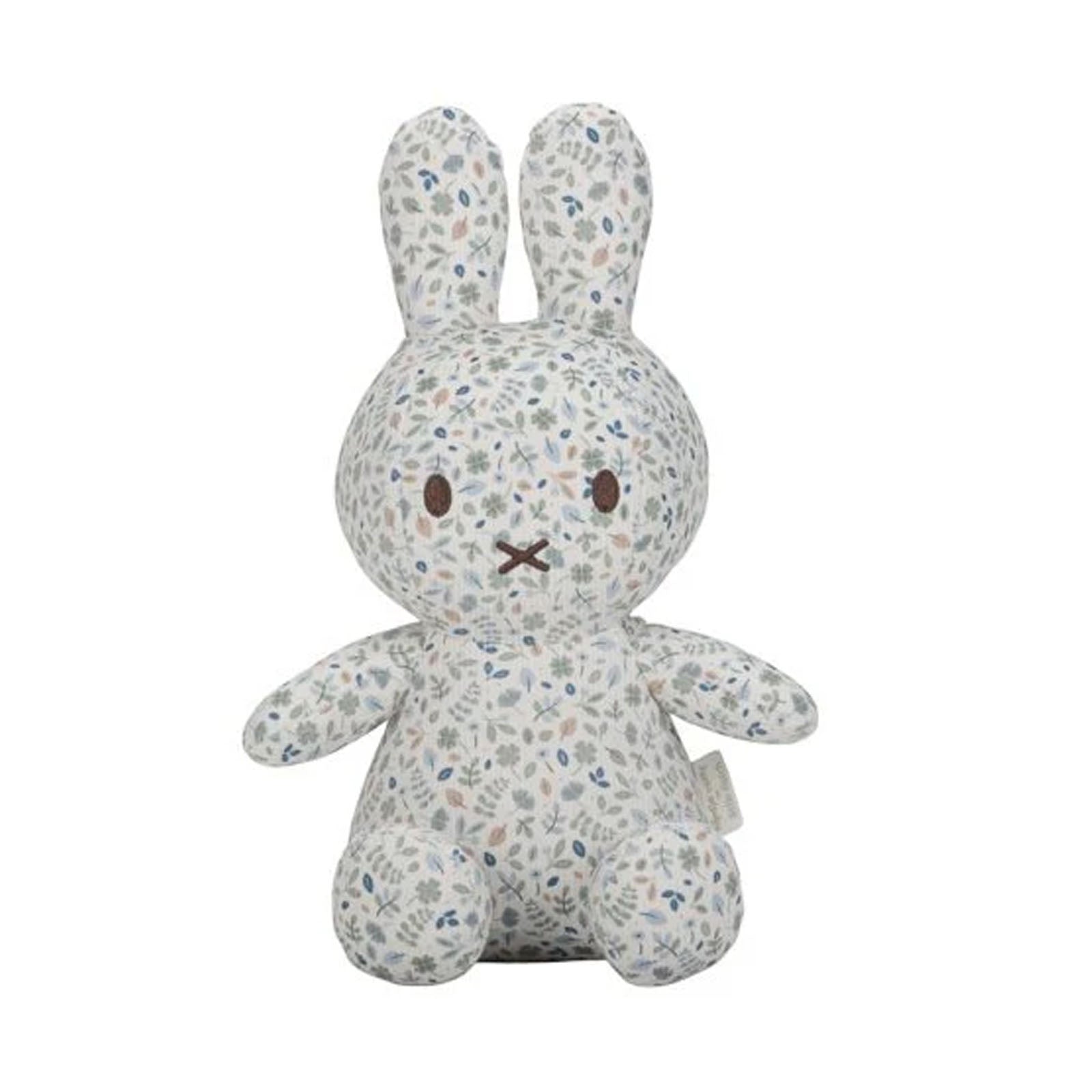 A 30cm cuddle toy of a bunny with a floral pattern, predominantly grey and white, with a small bell attached.