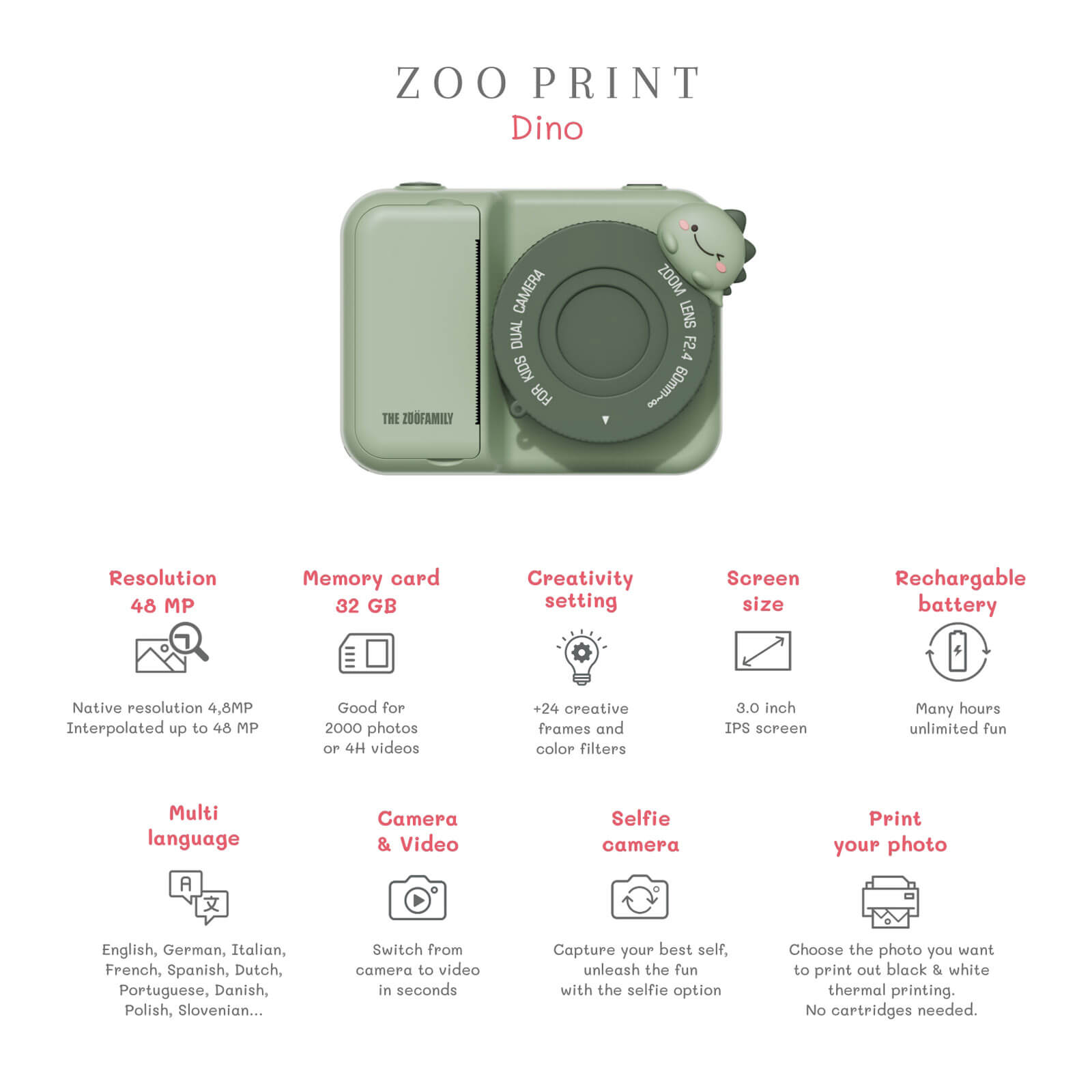 Digital Camera with Print - Dino Green