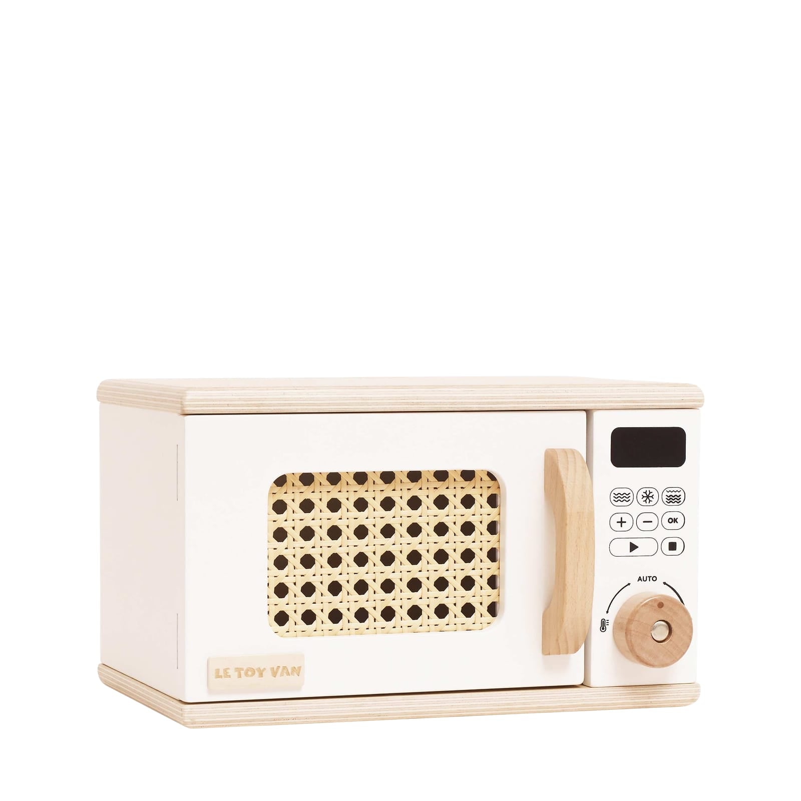 Wooden toy microwave with digital display and control panel on a white background