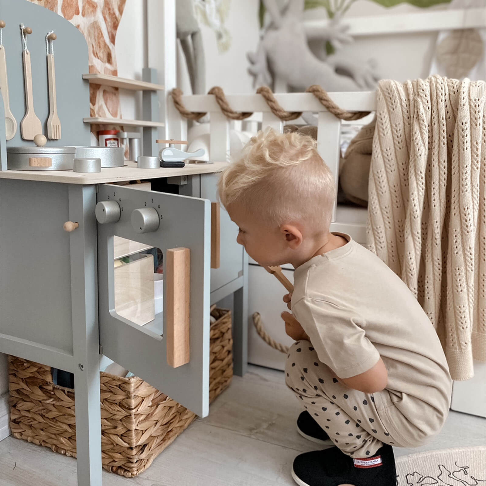 Grey Kitchen with Pots and Accessories