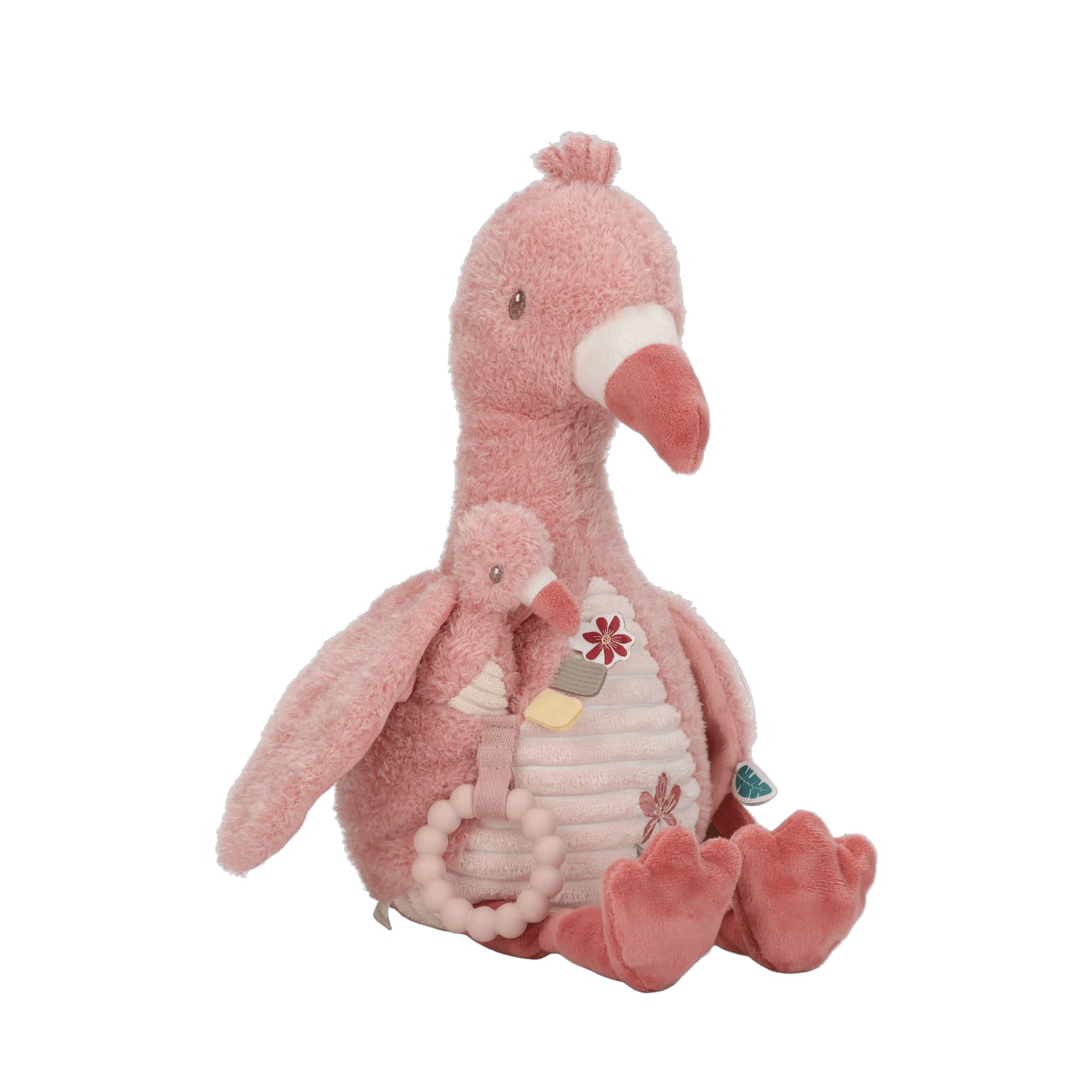 Pink plush flamingo toy with a smaller flamingo inside on a white background