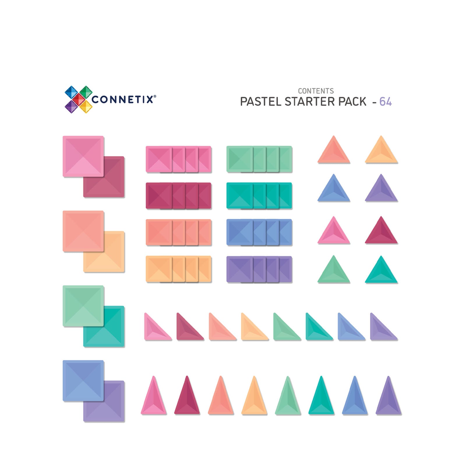 Magnetic Tiles Pastel Starter Pack - 64 Pieces