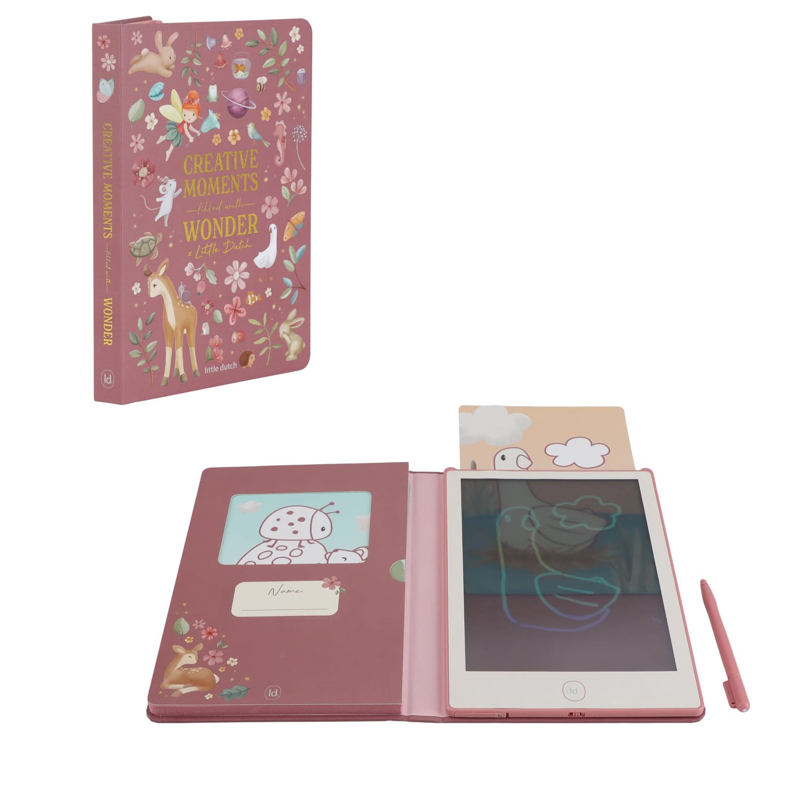 Floral notebook with a digital drawing tablet on a white background