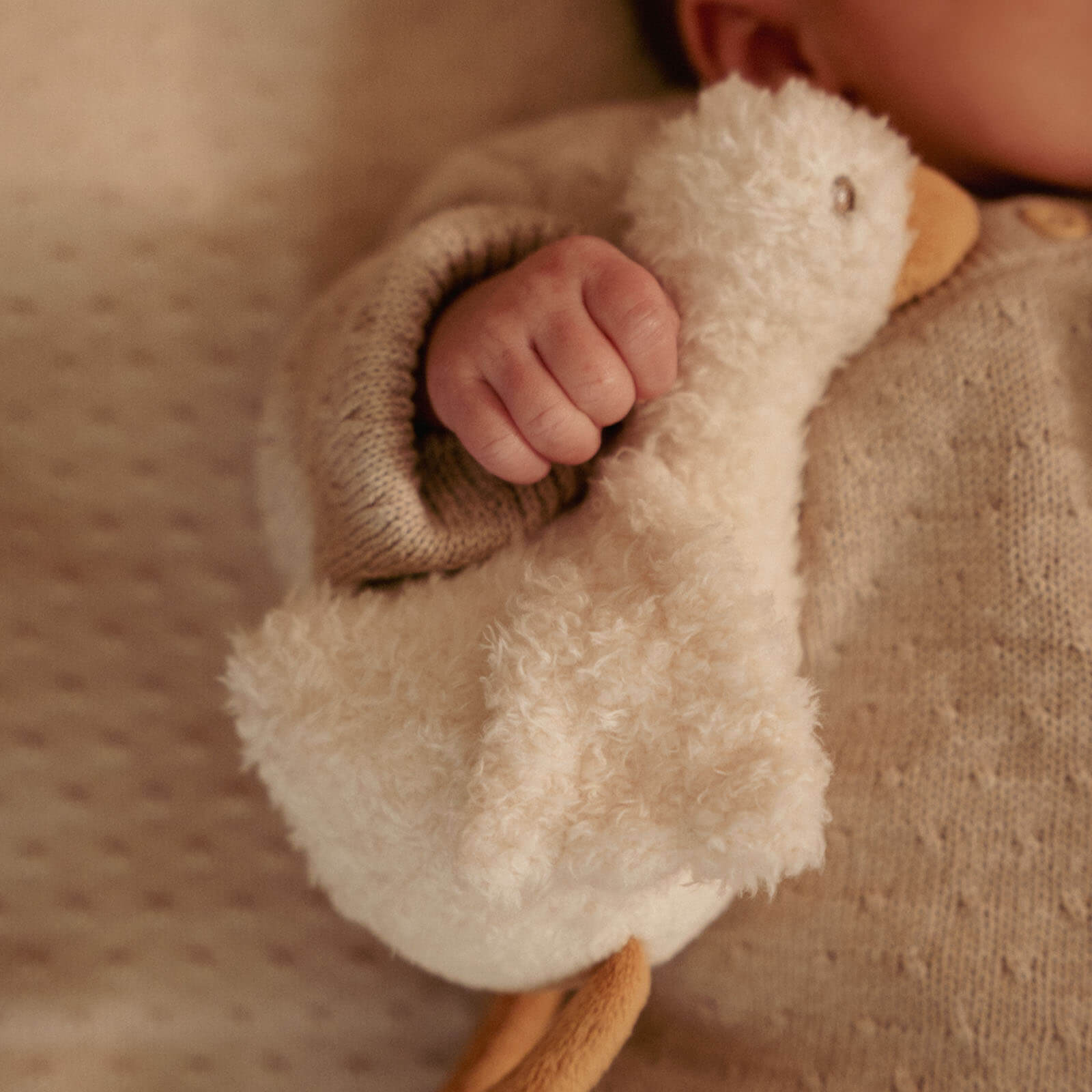 Child holding a fluffy white toy resembling a duck