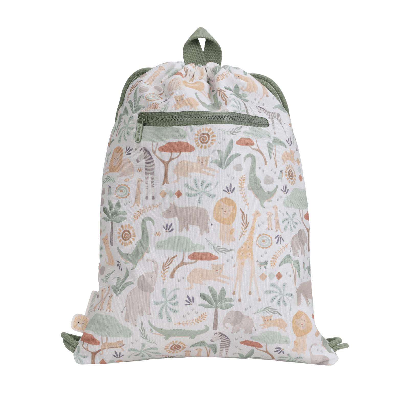 Drawstring bag with a jungle animal pattern on a white background