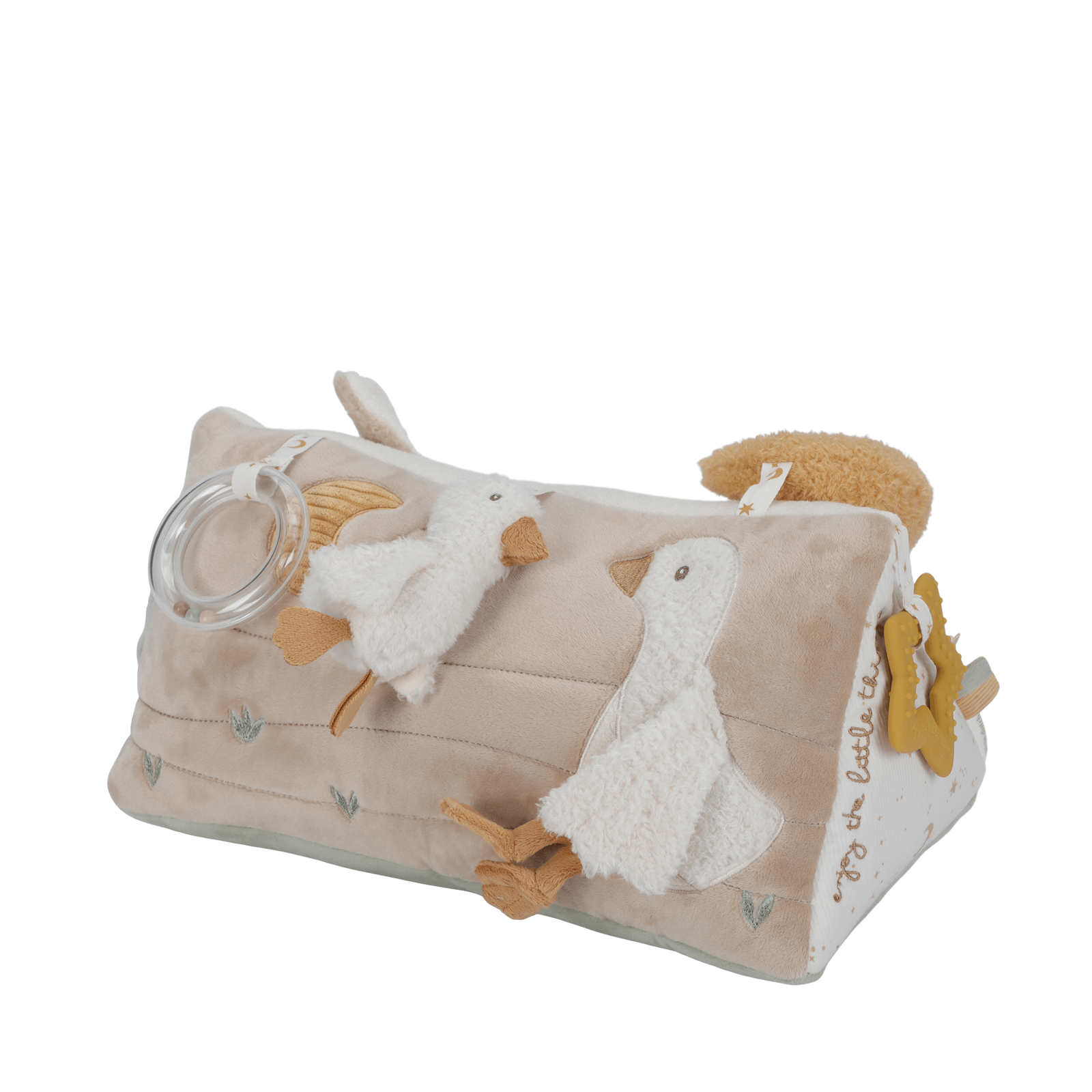 Baby comfort blanket with plush ducks and teether on a white background