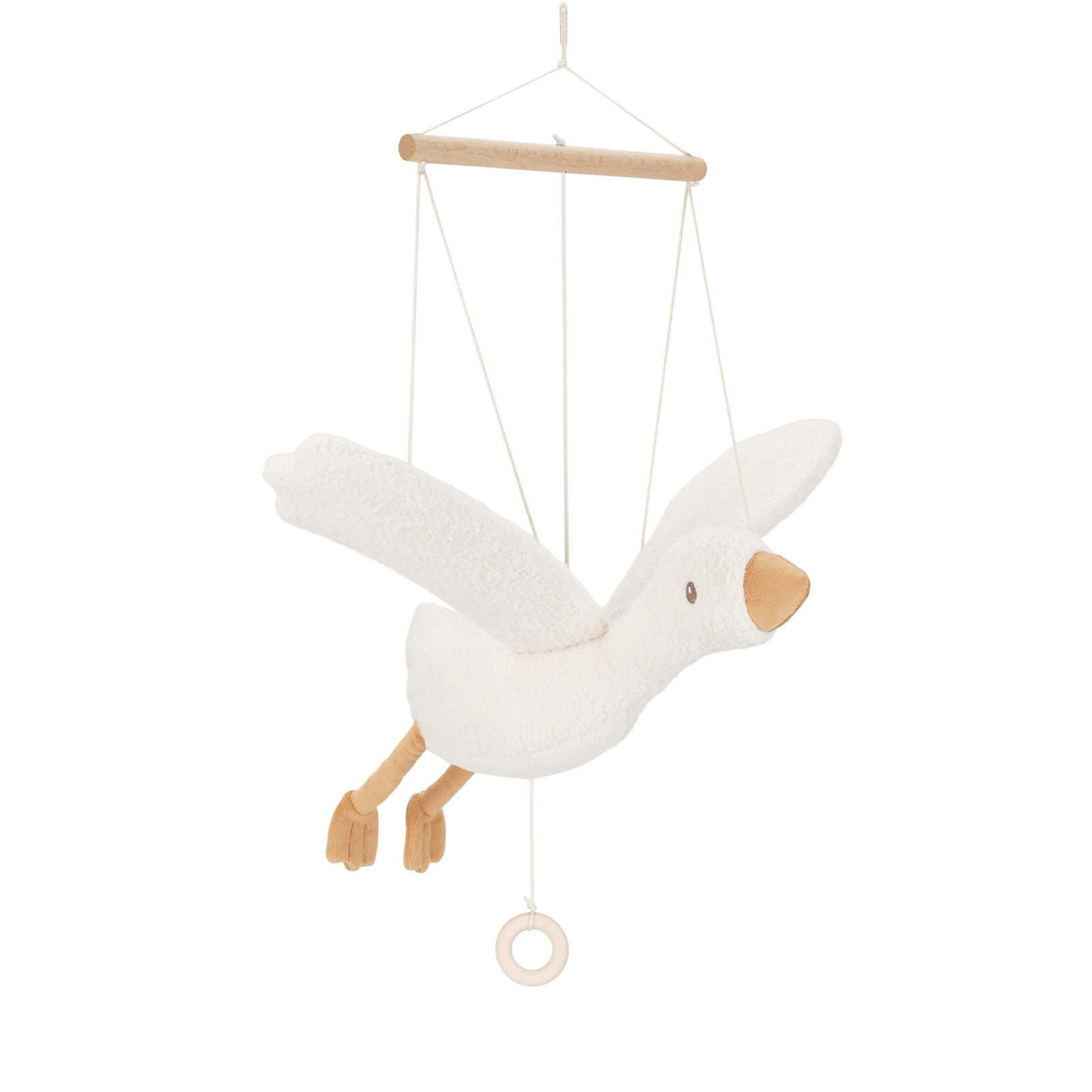 White bird-shaped toy hanging from a wooden rod on a white background