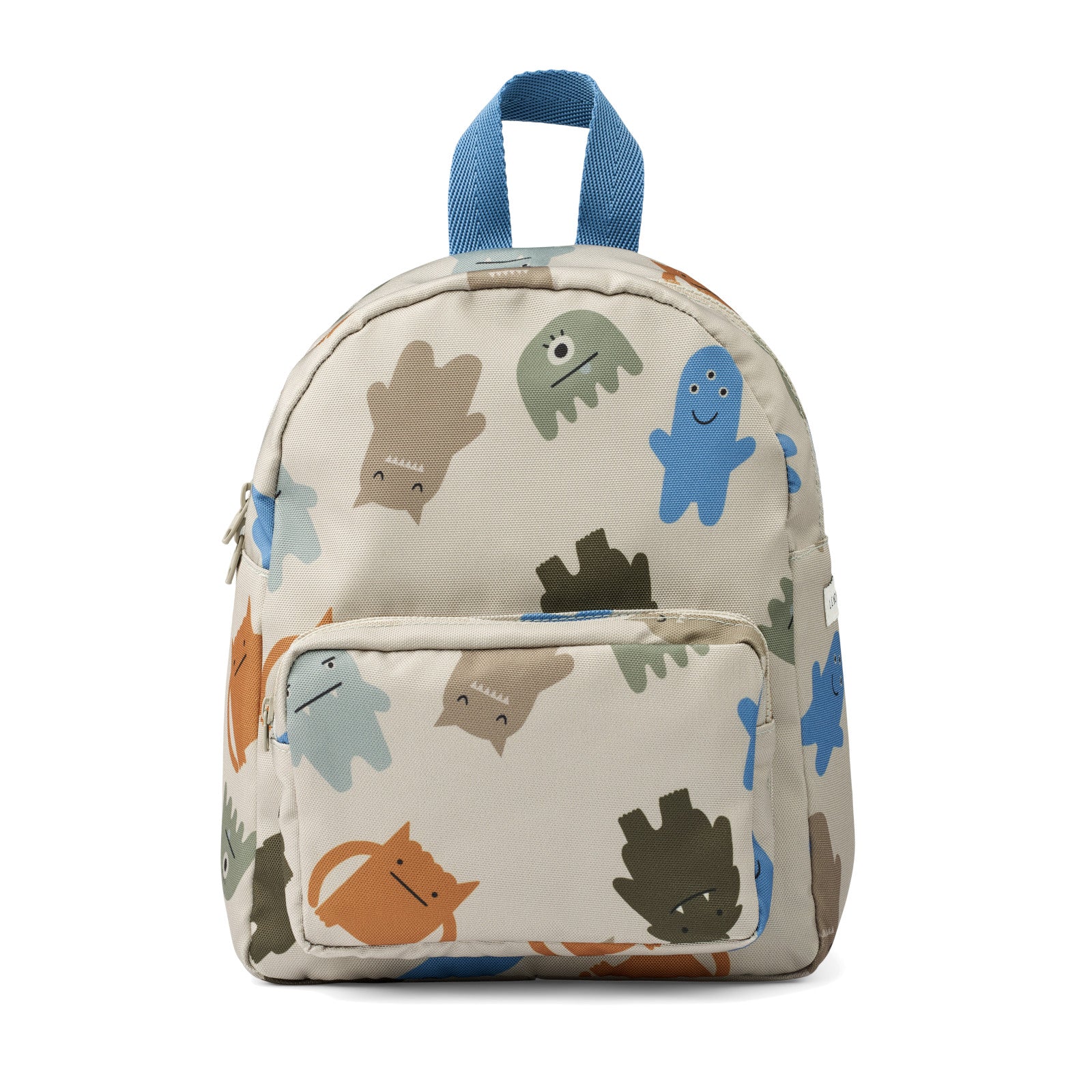 A children's backpack with a pattern of various cartoon monster faces in beige, blue, gray, and brown colors.