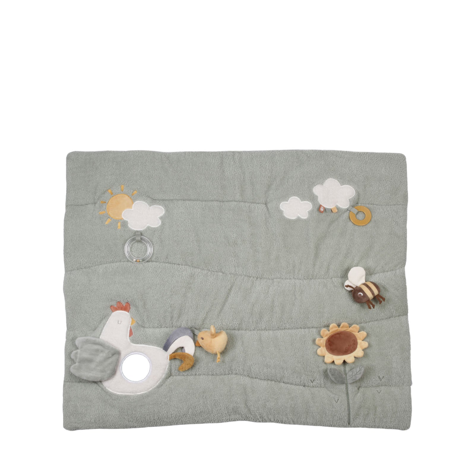 A padded play mat with a little farm theme, featuring chicken, clouds, sun, and a teething ring, in green color.