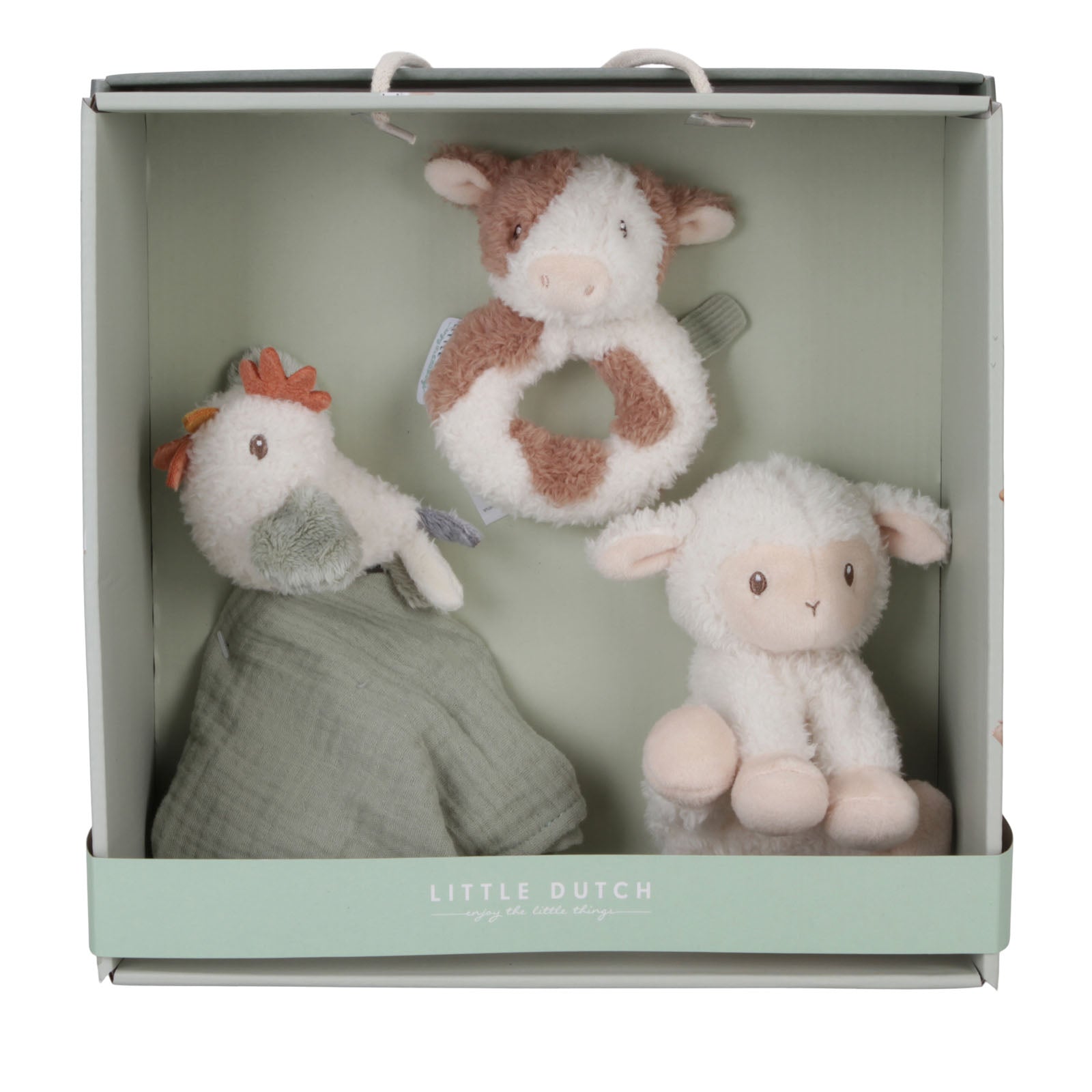 A gift box open to reveal a set of soft cuddle toys including a chicken, a sheep, and a cow, along with a green cuddle cloth, all presented on a white background.