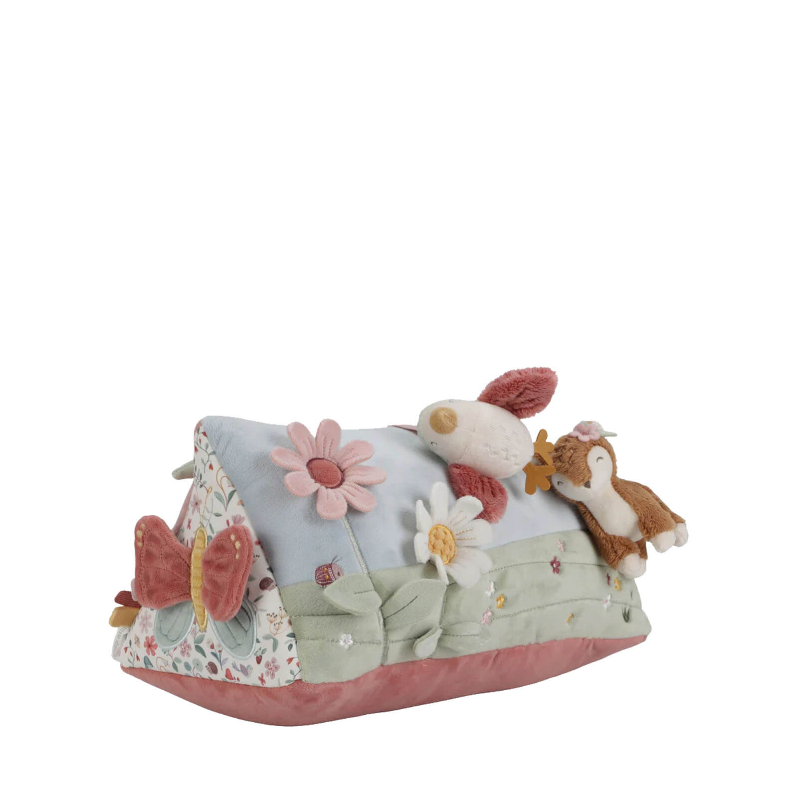 A colorful baby activity triangle with floral patterns, plush toys, and a butterfly.