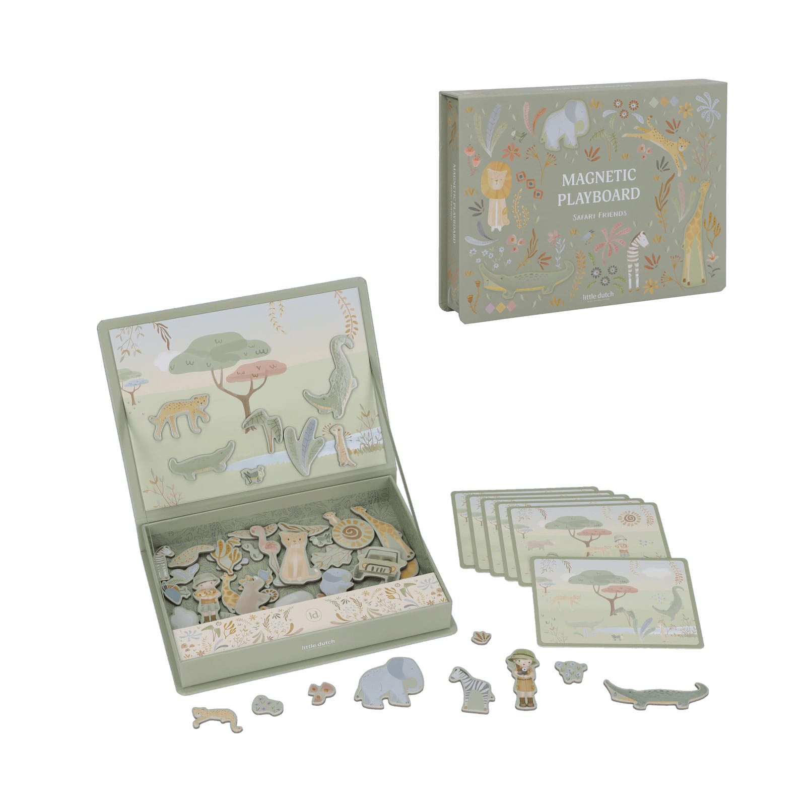 Magnetic playboard with animal-themed pieces and packaging on a white background