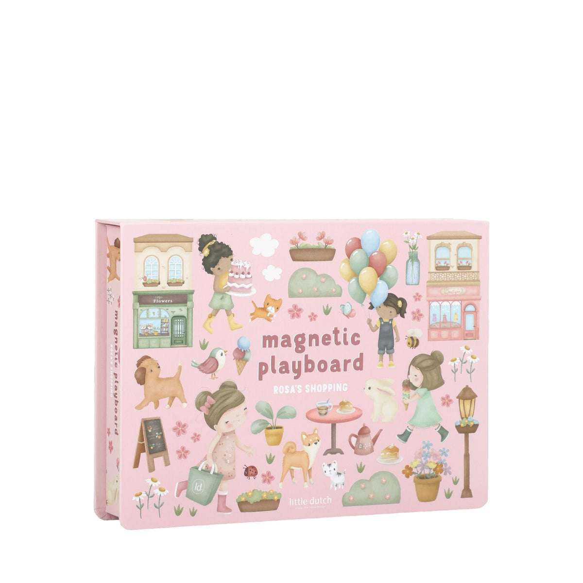 A pink children's magnetic playboard box titled 'BUSA'S SHOPPING' featuring whimsical illustrations of girls, dogs, birds, flowers, and storefronts on a clean white background.