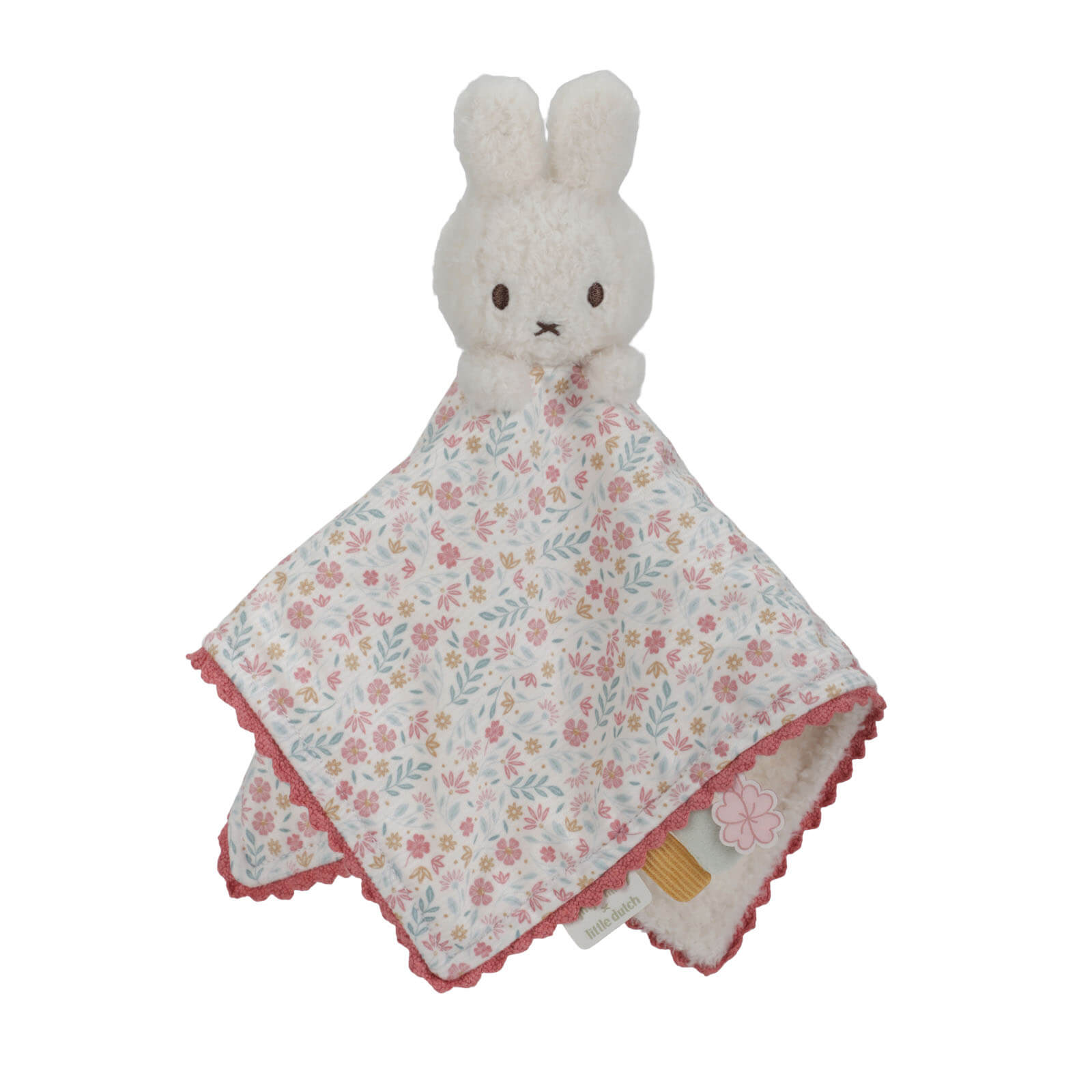 A plush cuddle cloth featuring an embroidered rabbit and a floral pattern with a red trim.