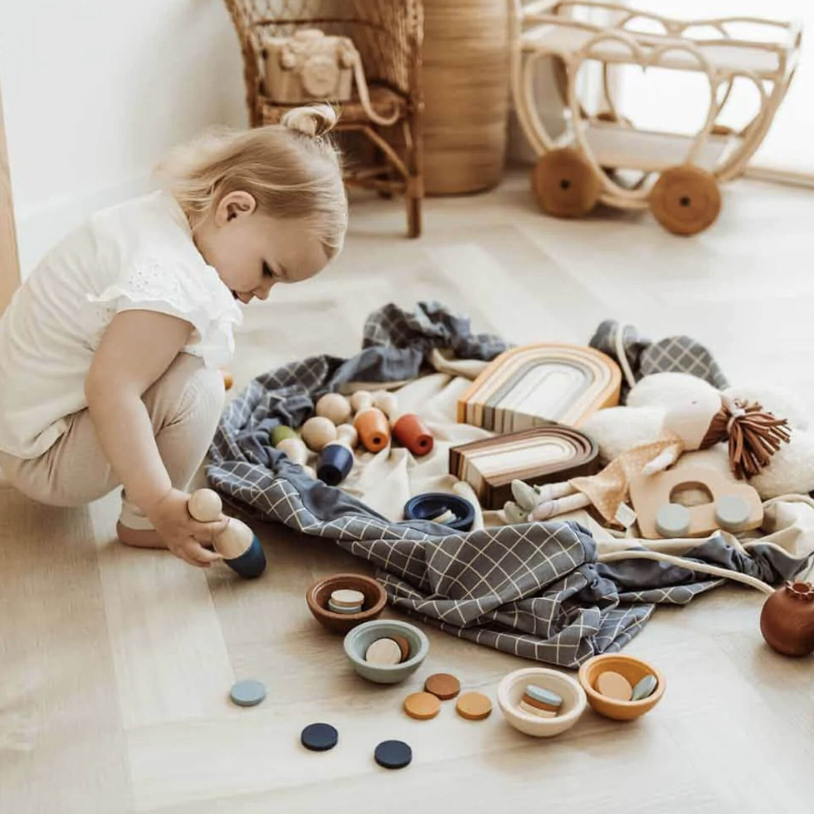 Organic Grid - Blue Toy Storage Bag / Playmat