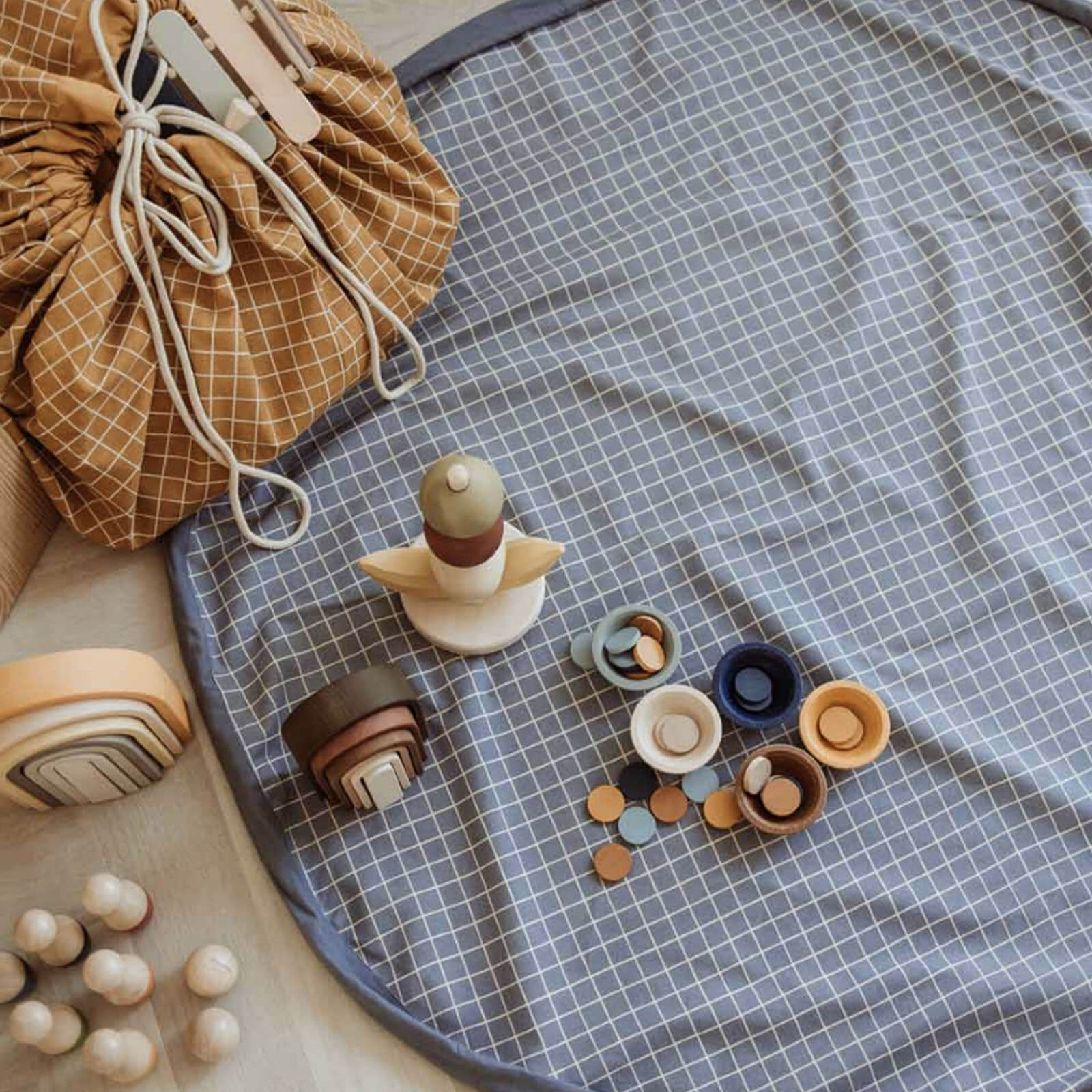 Organic Grid - Blue Toy Storage Bag / Playmat