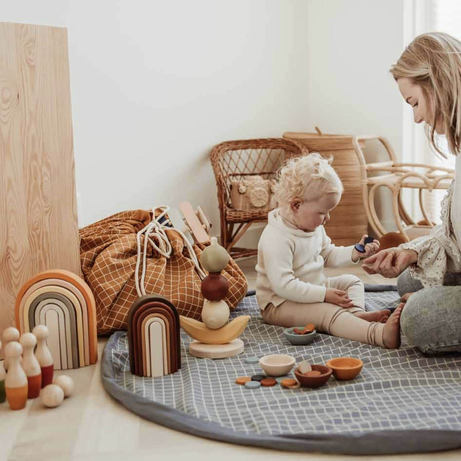 Organic Grid - Blue Toy Storage Bag / Playmat