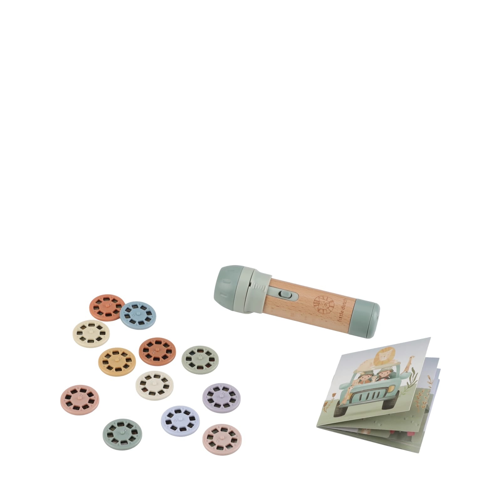 Children's toy microphone with colorful disc attachments on a white background