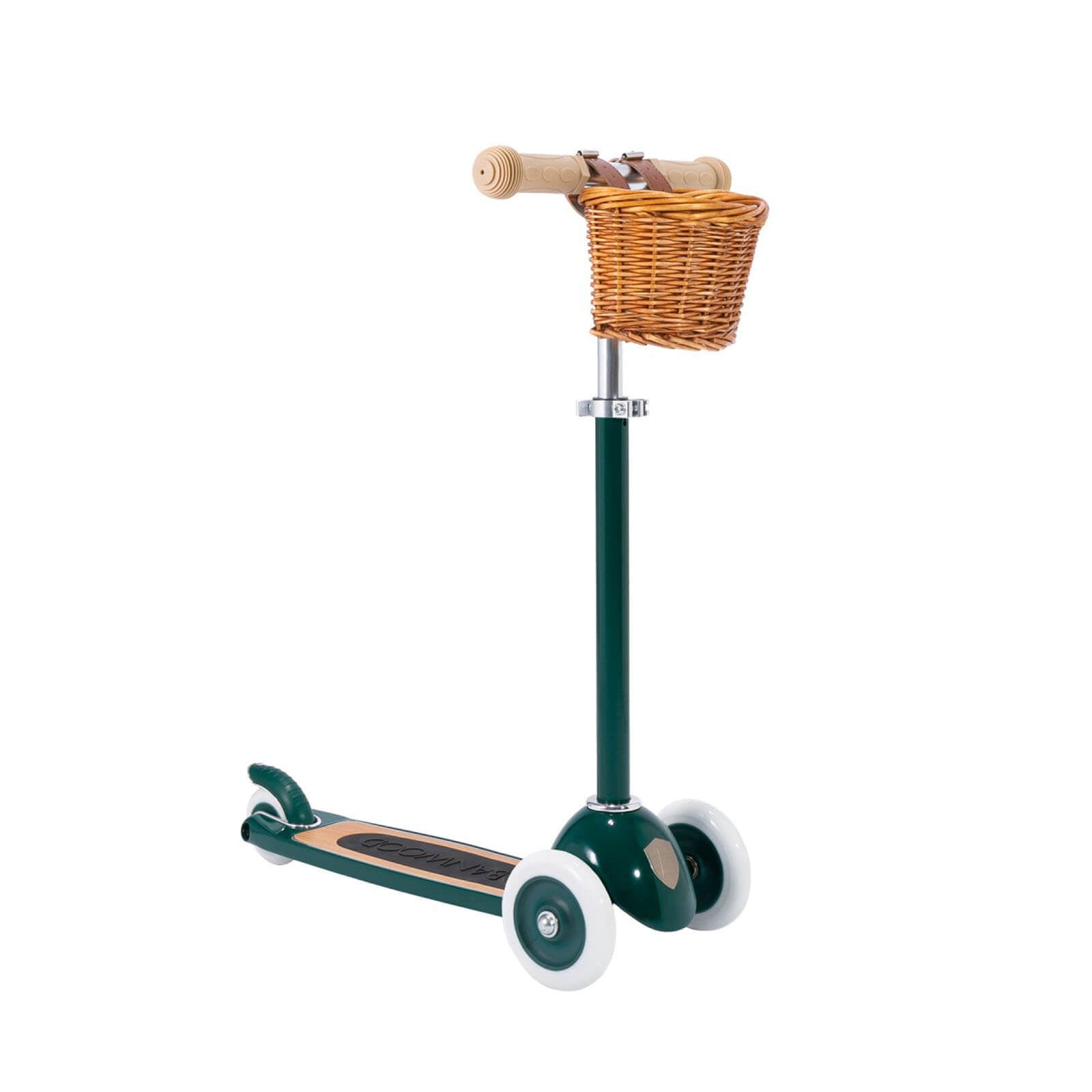 A green Banwood children's scooter with a basket, featuring a T-handlebar, rubber grips, and a three-wheel design.