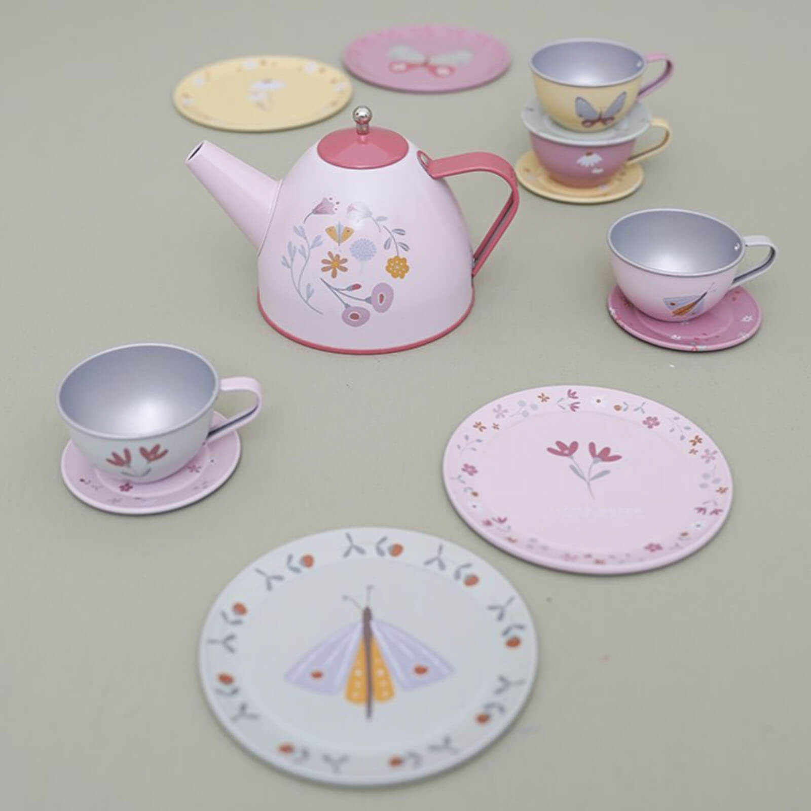 Tin Tea Set Flowers and Butterflies