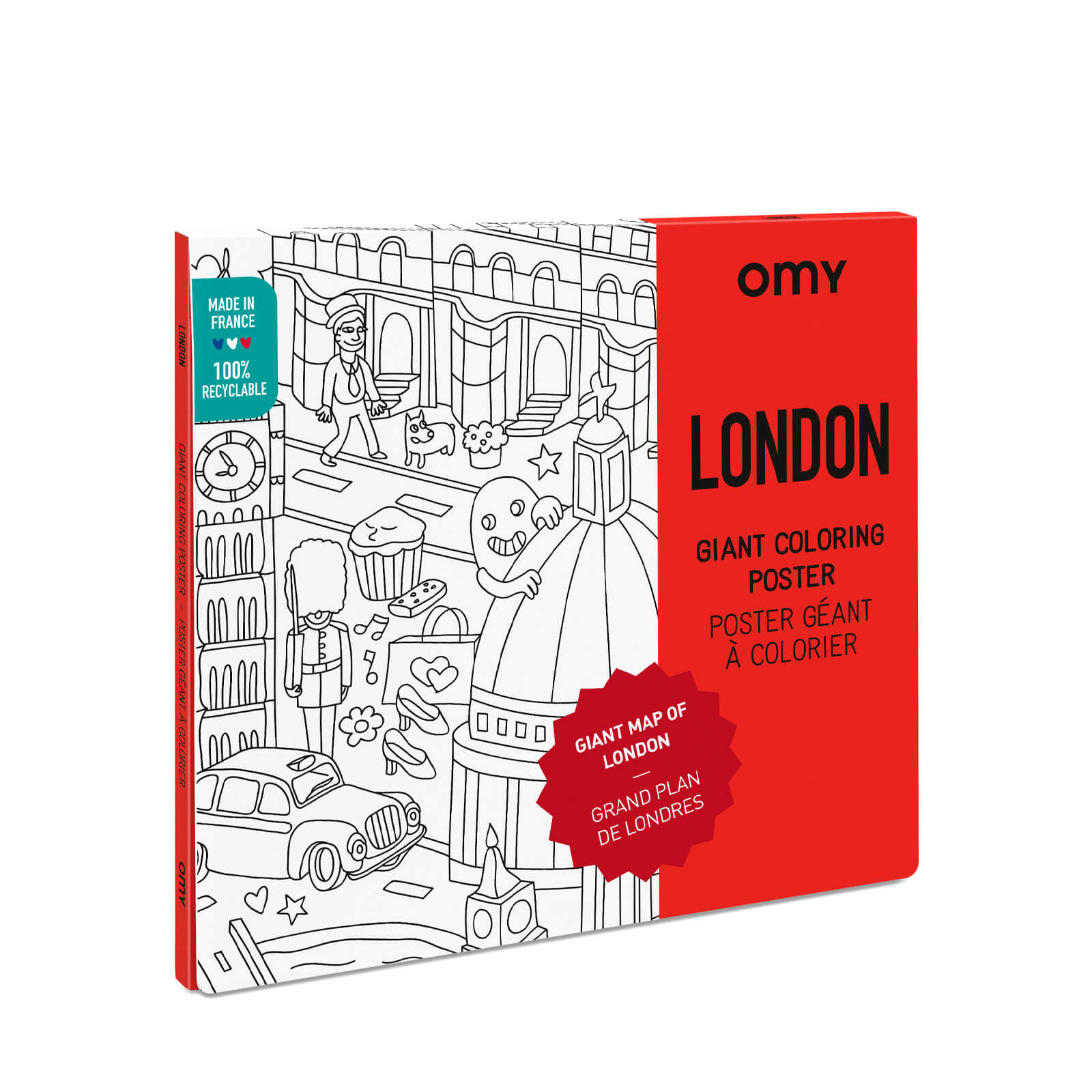 A packaged giant coloring poster with a London theme, featuring illustrations of iconic London sites and a red cover with the brand name 'OMY' on it.