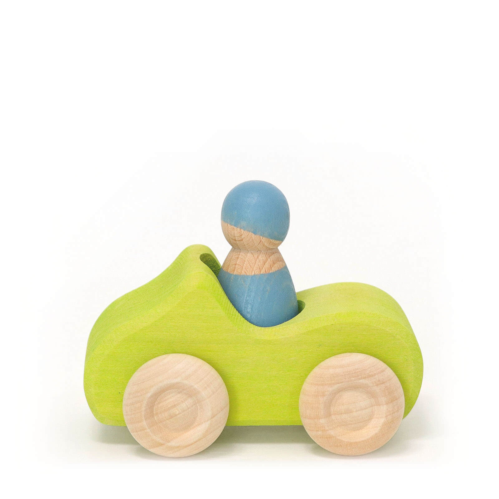 A small wooden convertible car toy painted green with a blue figure sitting inside, on a white background.