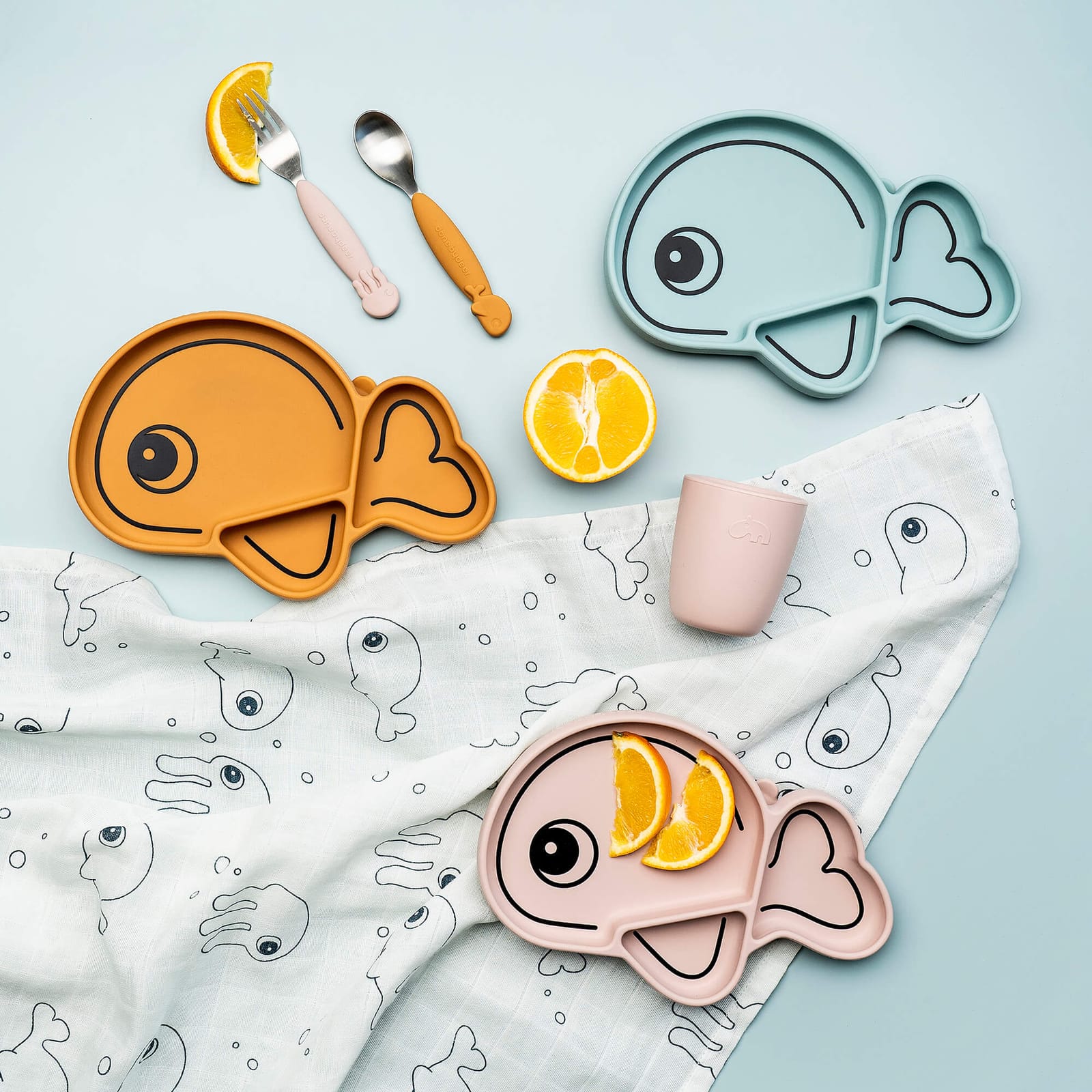 Easy Grip Spoon and Fork Set - Sea Friends Mustard