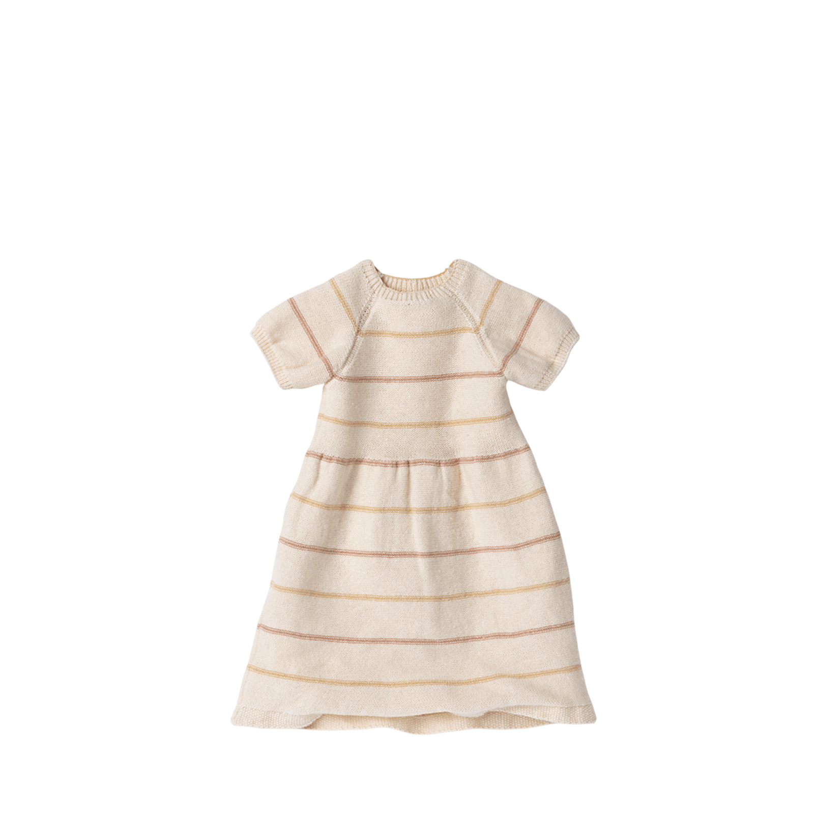 Beige and brown striped dress on a white background for Maileg rabbit doll. 