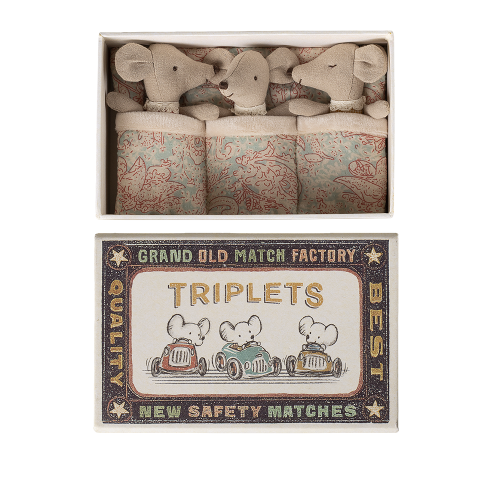 Matchbox with elephant-shaped matches and a decorative label on a white background