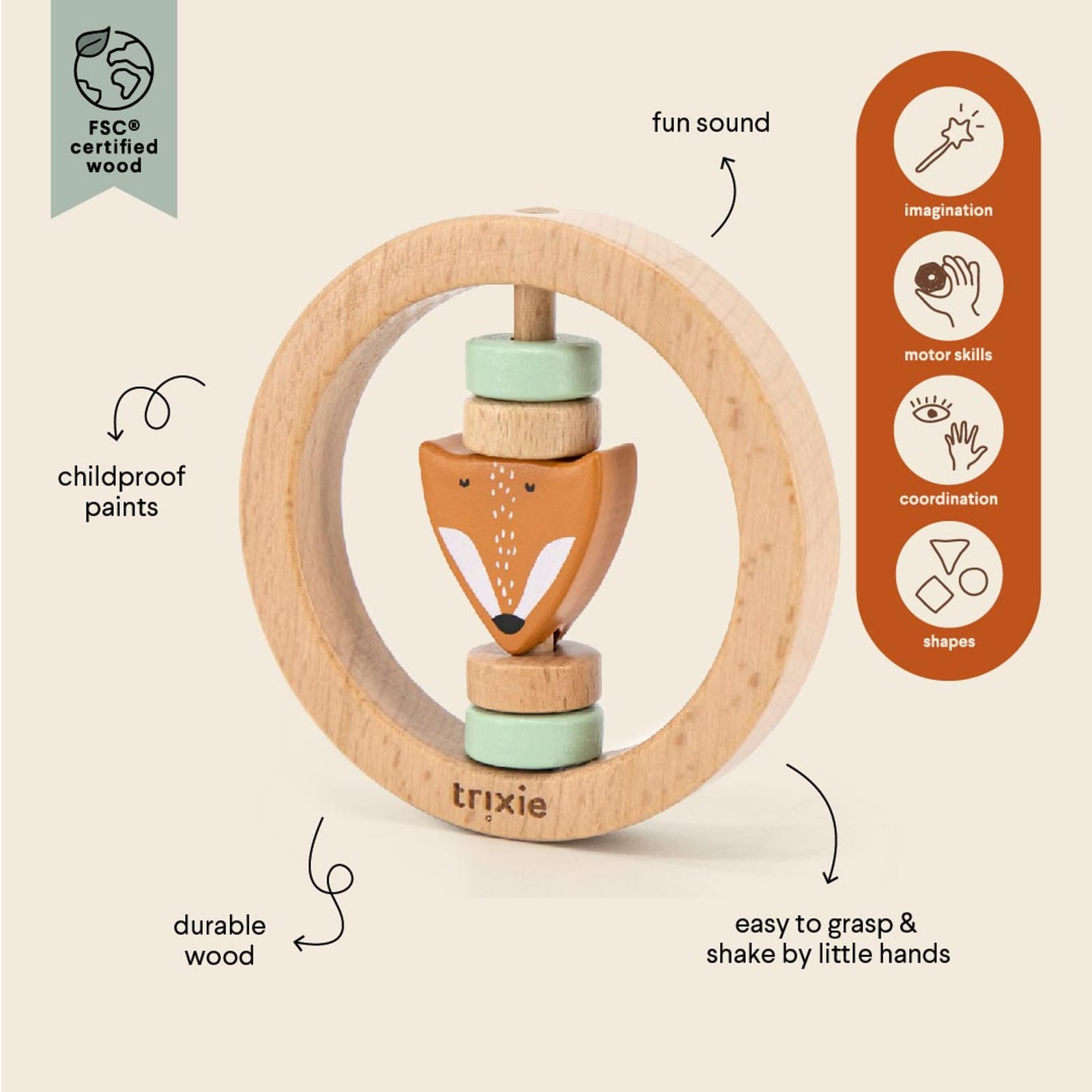 Wooden Round Rattle - Mr Fox