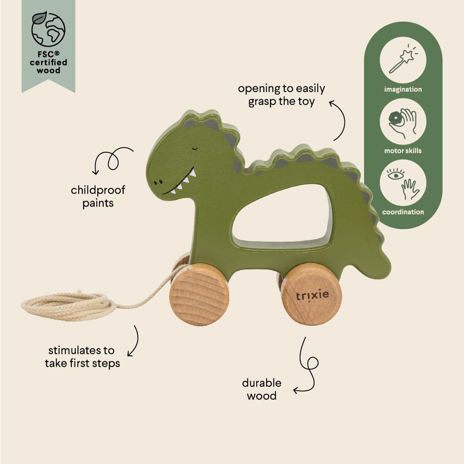 Wooden Pull Along Toy - Mr Dino